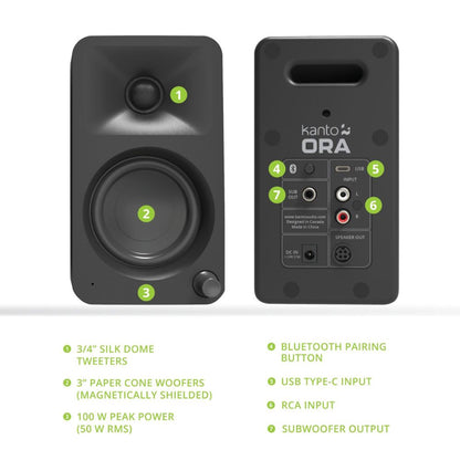 Kanto ORA 100W Powered Reference Desktop Computer Speakers with Bluetooth 5.0 Black V398-KO-ORA-1