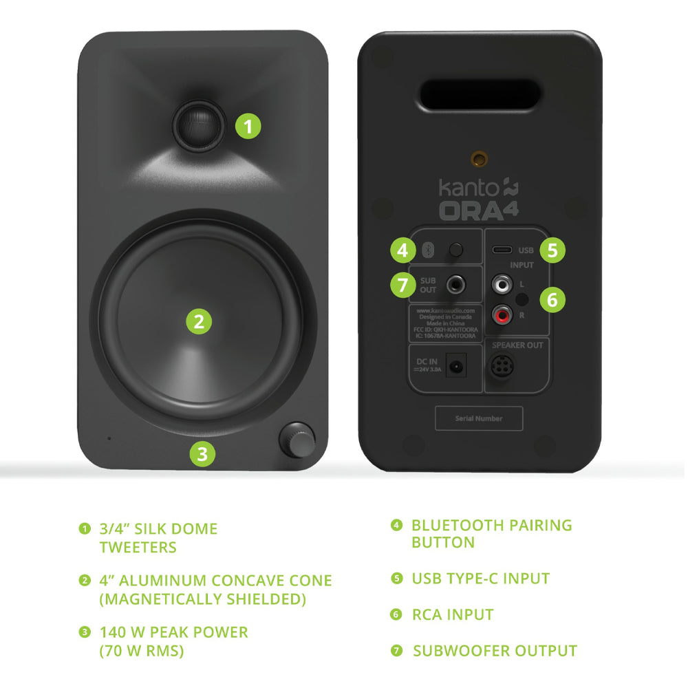 Kanto ORA4 140W Powered Reference Speakers with USB-C Input and Bluetooth - Black, Pair V398-KO-ORA4MB-I
