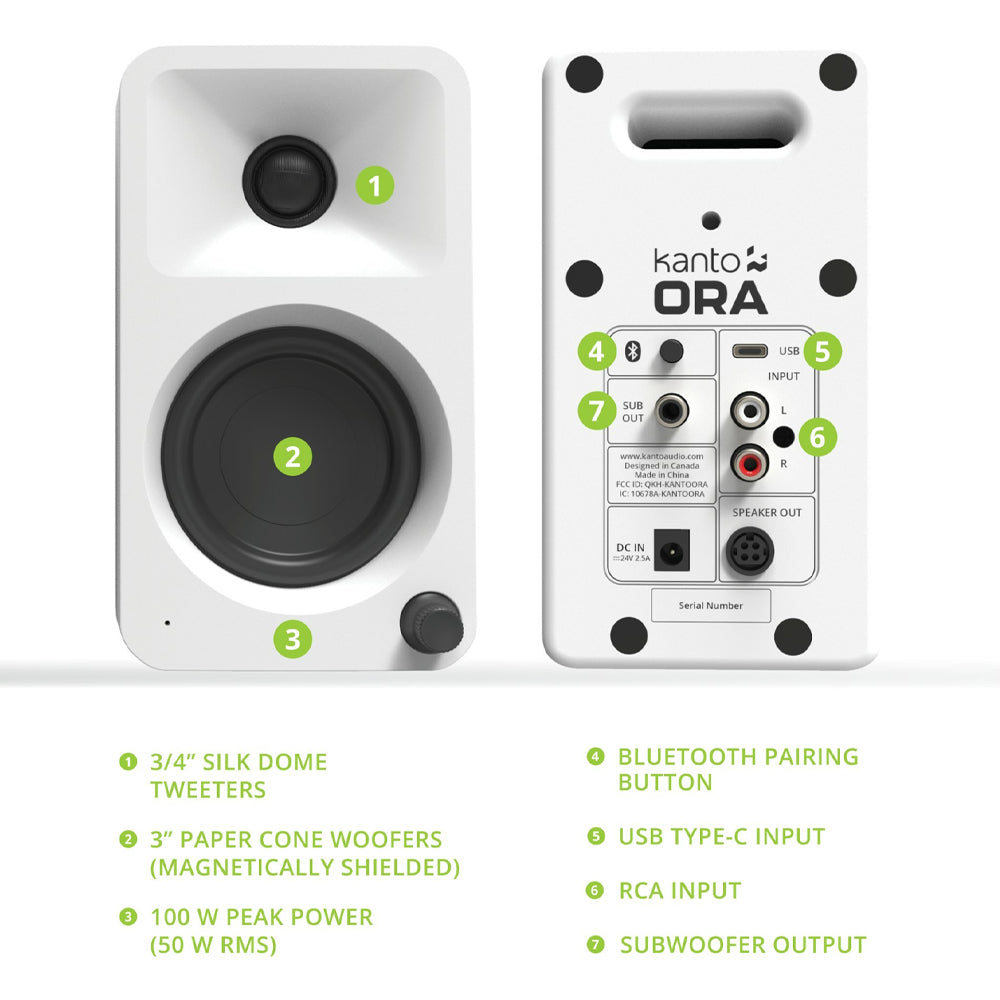 Kanto ORA 100W Powered Reference Desktop Computer Speakers with Bluetooth 5.0 White V398-KO-ORAMW-1
