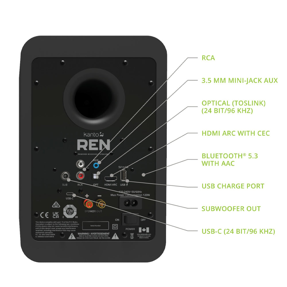 Kanto REN 200W Powered Bookshelf Speakers with HDMI ARC, USB-C, and Bluetooth 5.3 - Matte Black, Pair V398-KO-RENMB-I