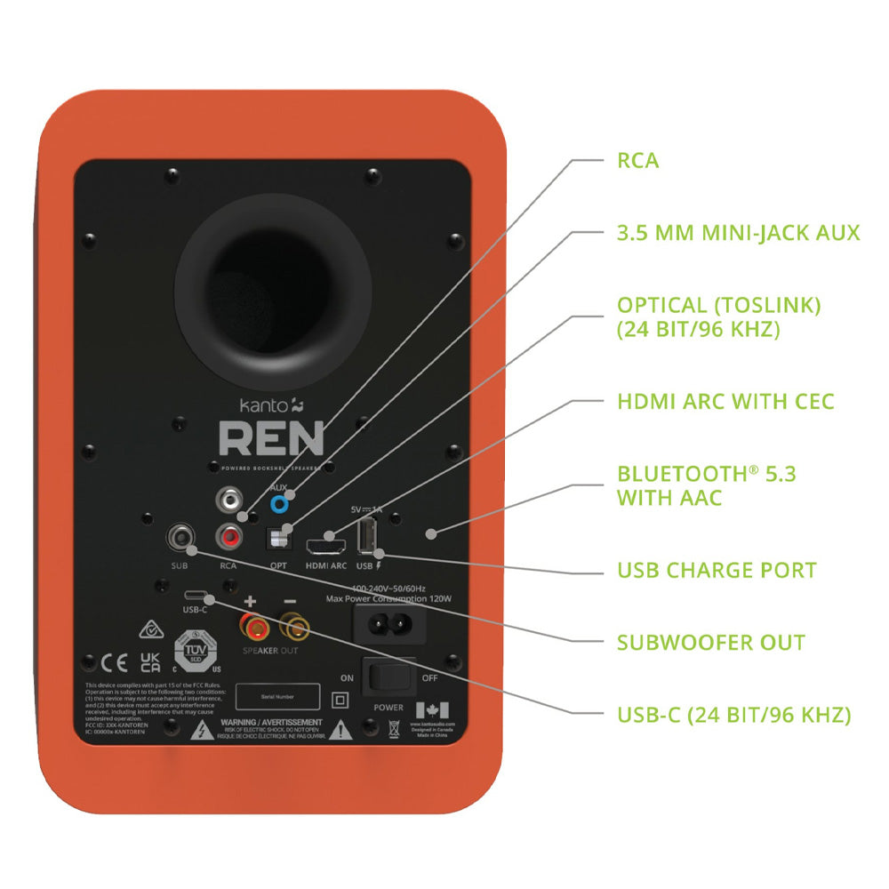 Kanto REN 200W Powered Bookshelf Speakers with HDMI ARC, USB-C, and Bluetooth 5.3 - Matte Orange, Pair V398-KO-RENMO-I