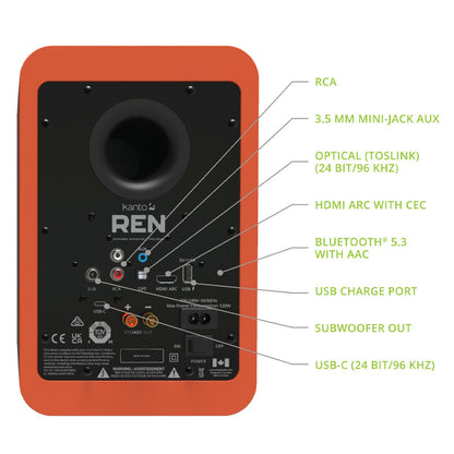 Kanto REN 200W Powered Bookshelf Speakers with HDMI ARC, USB-C, and Bluetooth 5.3 - Matte Orange, Pair V398-KO-RENMO-I