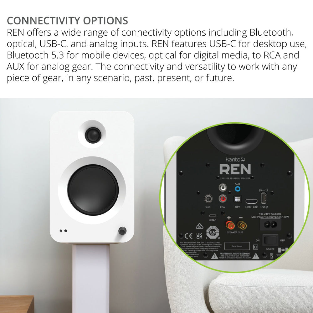 Kanto REN 200W Powered Bookshelf Speakers with HDMI ARC, USB-C, and Bluetooth 5.3 - Matte White, Pair V398-KO-RENMW-I
