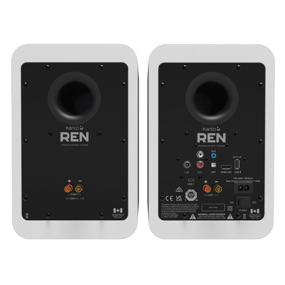 Kanto REN 200W Powered Bookshelf Speakers with HDMI ARC, USB-C, and Bluetooth 5.3 - Matte White, Pair V398-KO-RENMW-I