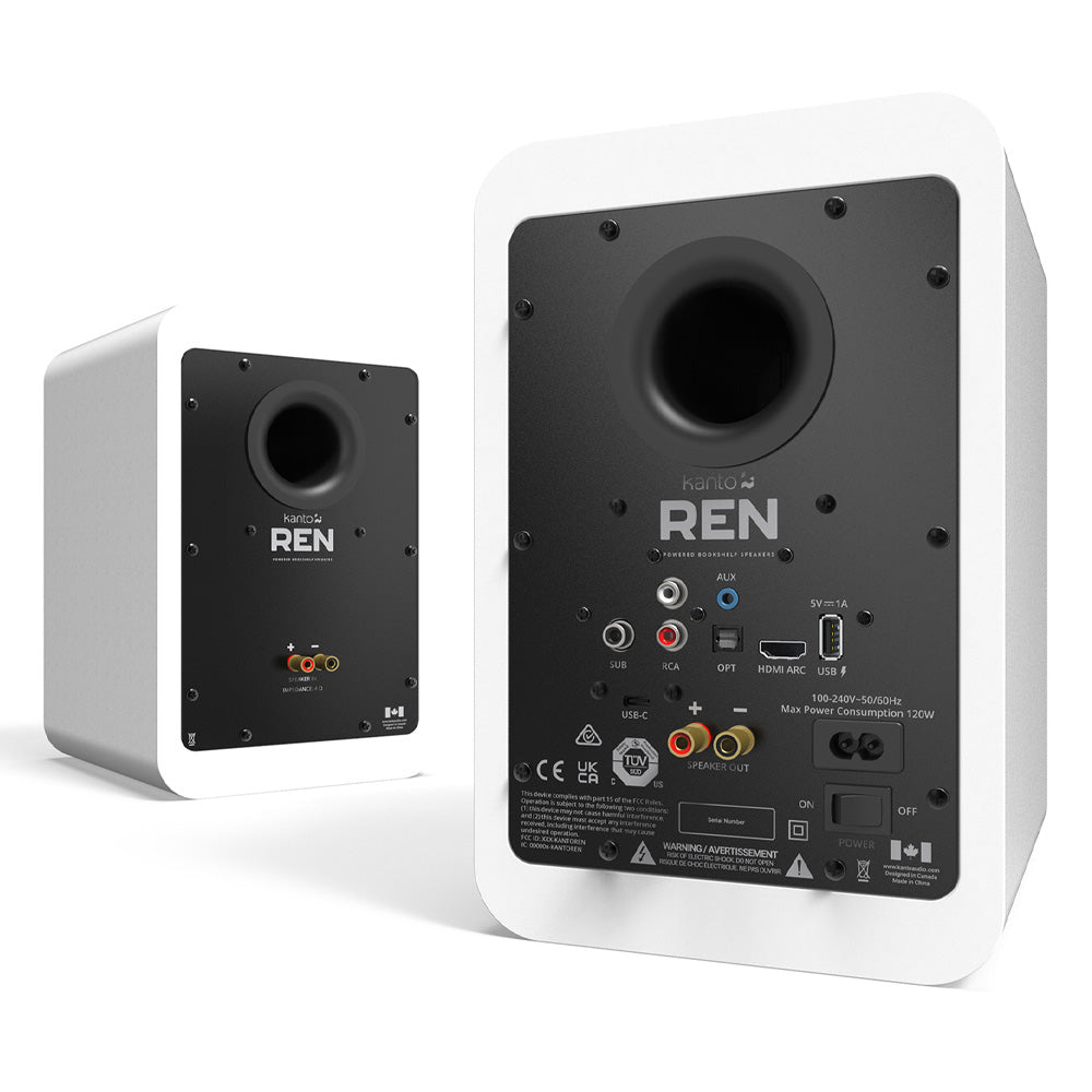Kanto REN 200W Powered Bookshelf Speakers with HDMI ARC, USB-C, and Bluetooth 5.3 - Matte White, Pair V398-KO-RENMW-I