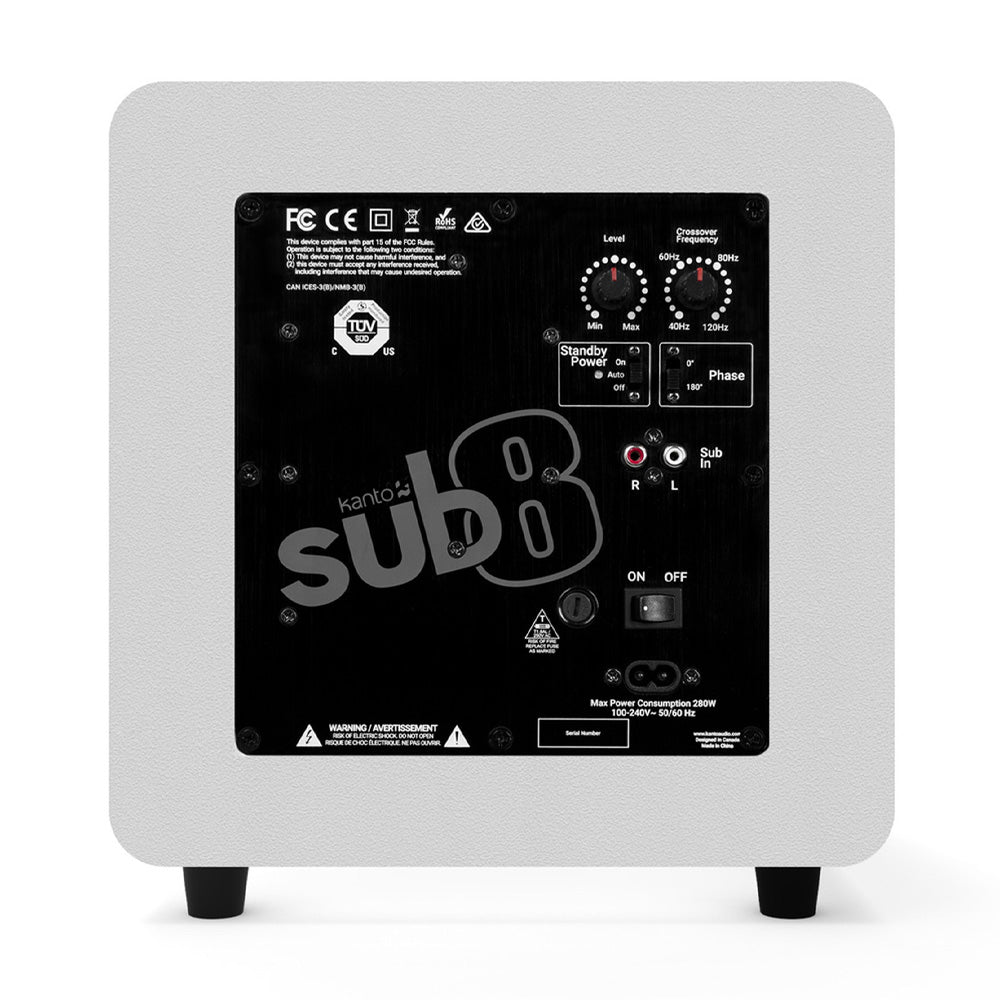 Limited Editon - Kanto SUB8 300W 8" Sealed Powered Subwoofer, Matte White, With White Grill V398-KO-SUB8VMWW-I