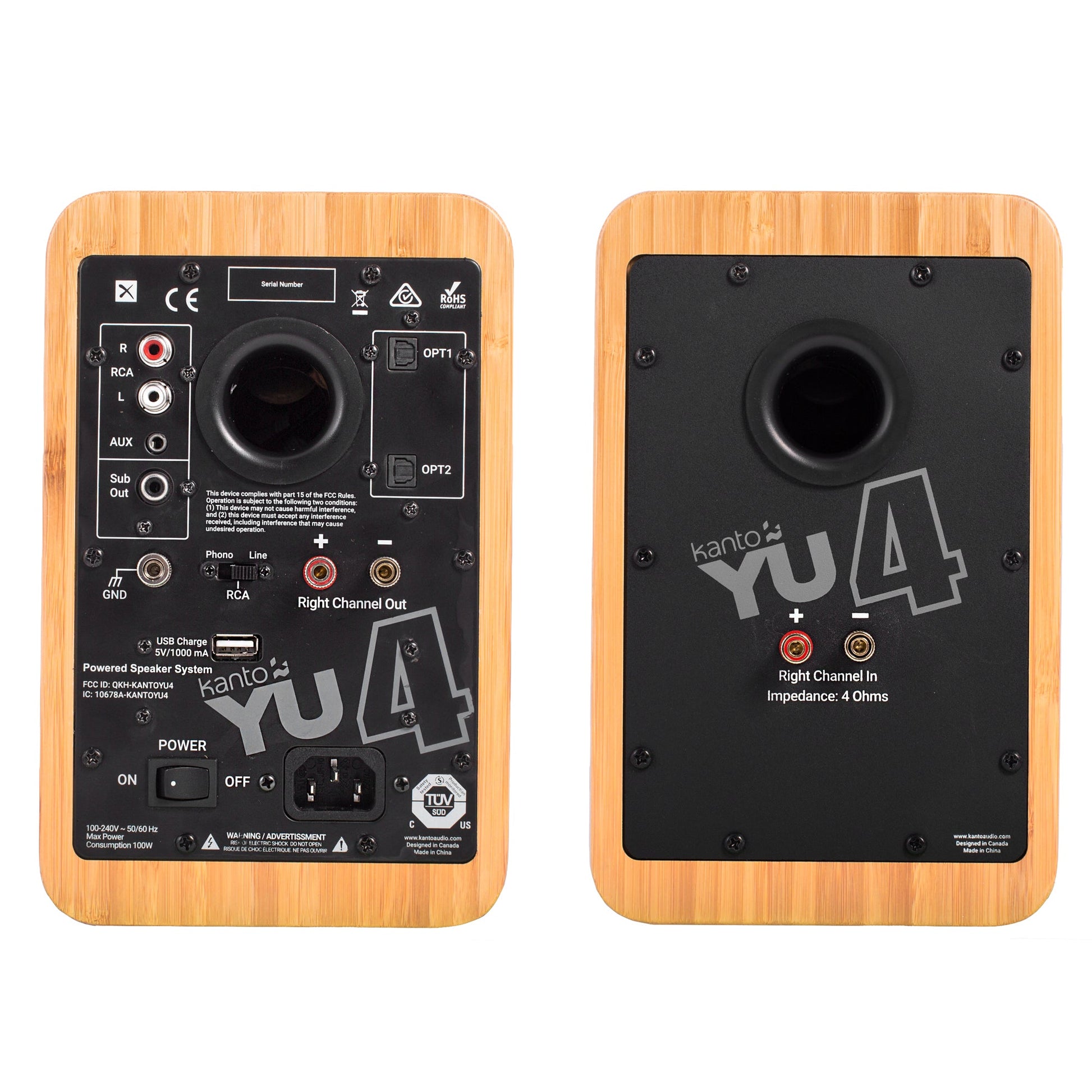 Kanto YU4 140W Powered Bookshelf Speakers with Bluetooth and Phono Preamp - Pair, Bamboo V398-KO-YU4BAMBOO-I