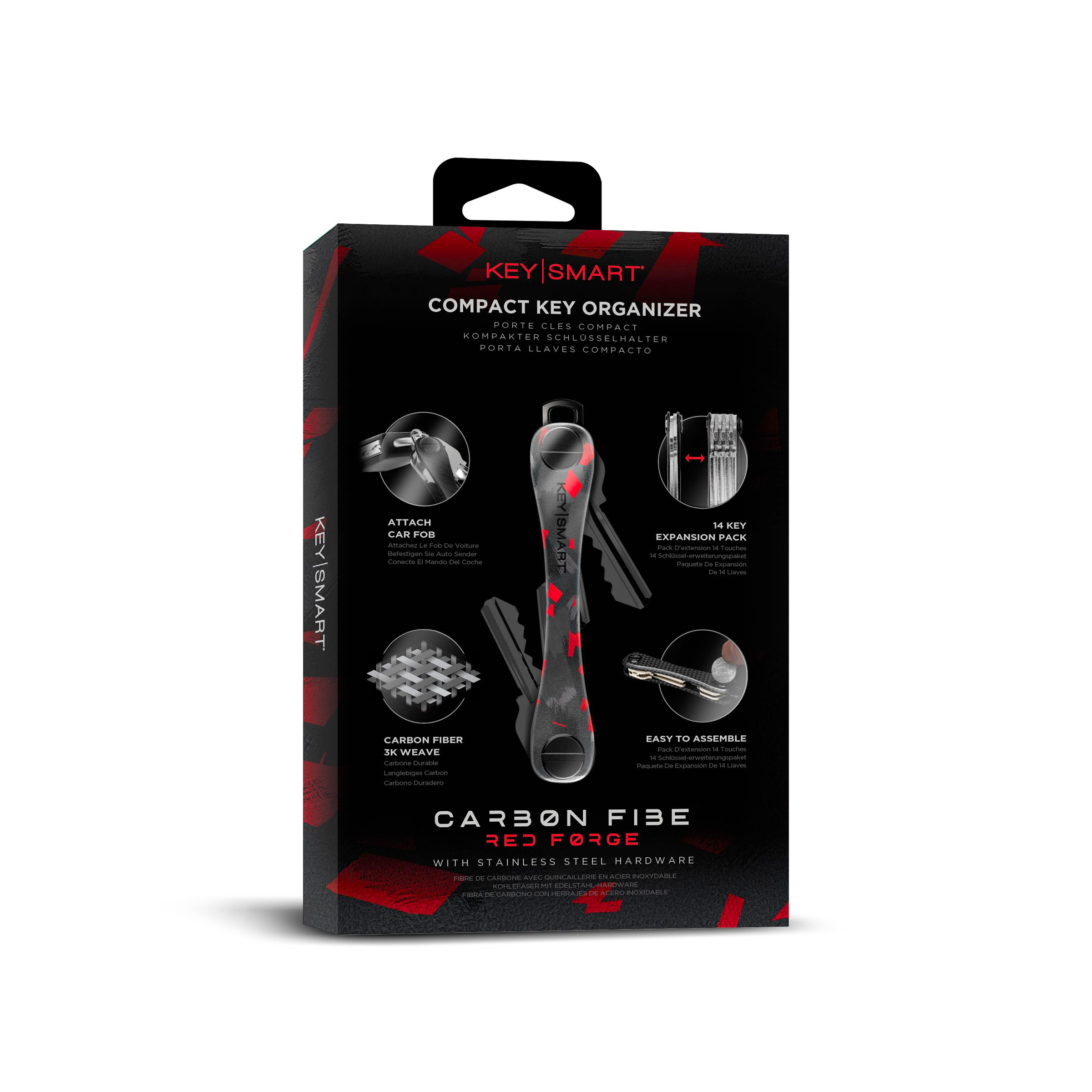 KeySmart Orginal - Compact Key Holder and Keychain Organiser (Up to 8 Keys) - Red Forged Carbon V398-KS019-RFC