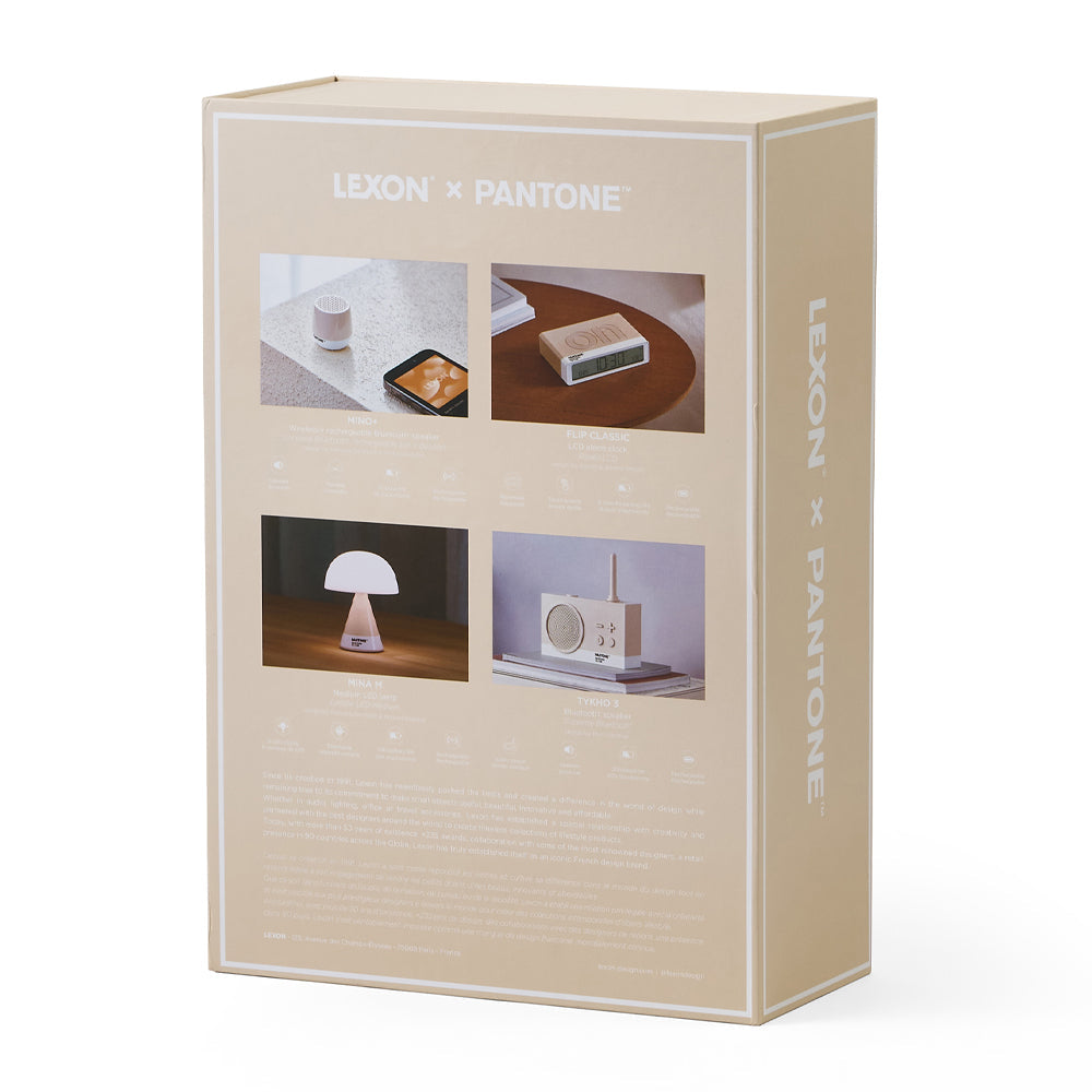Lexon GIFT Set PANTONE - Includes Mino+ Mini Speaker, Flip Classic Clock, Mina M Lamp, Thykho 3 Speaker - Sand V398-LD-LBPT01-S