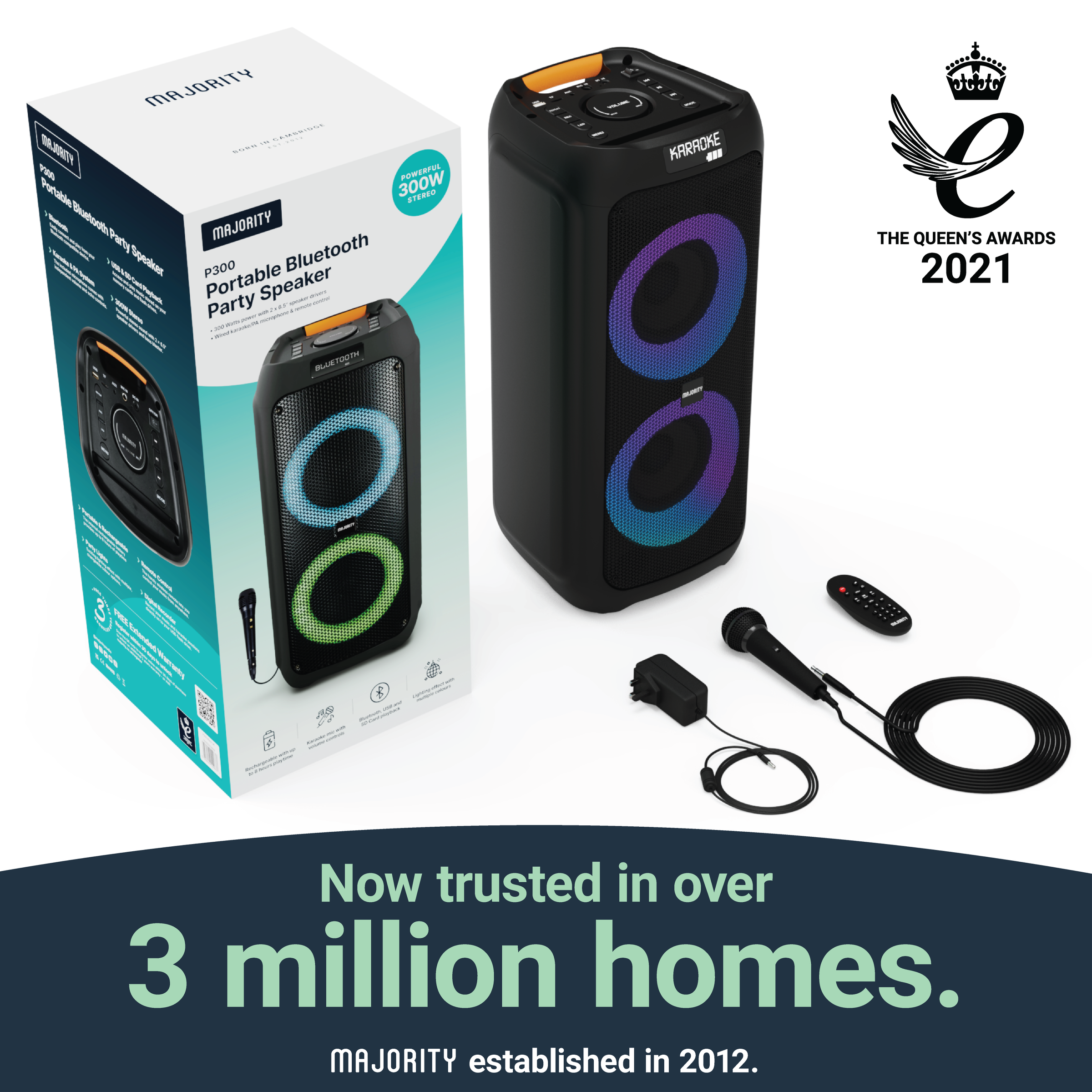 Majority P300 - Party Speaker 300W Bluetooth Karaoke-DJ-Party-PA System - Black V398-MY-1000002884