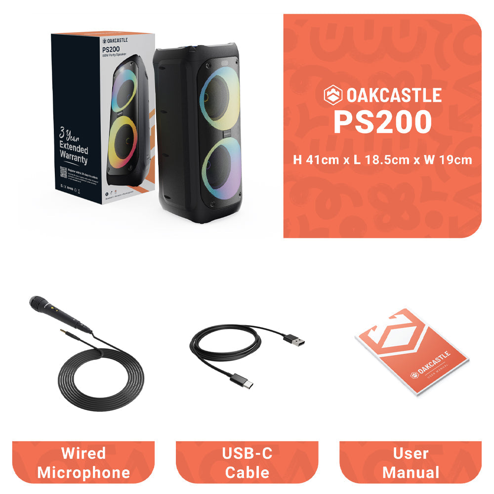 Majority PS200 - Party Speaker 100w Bluetooth Karaoke-DJ-Party-PA System - Black V398-MY-1000002980