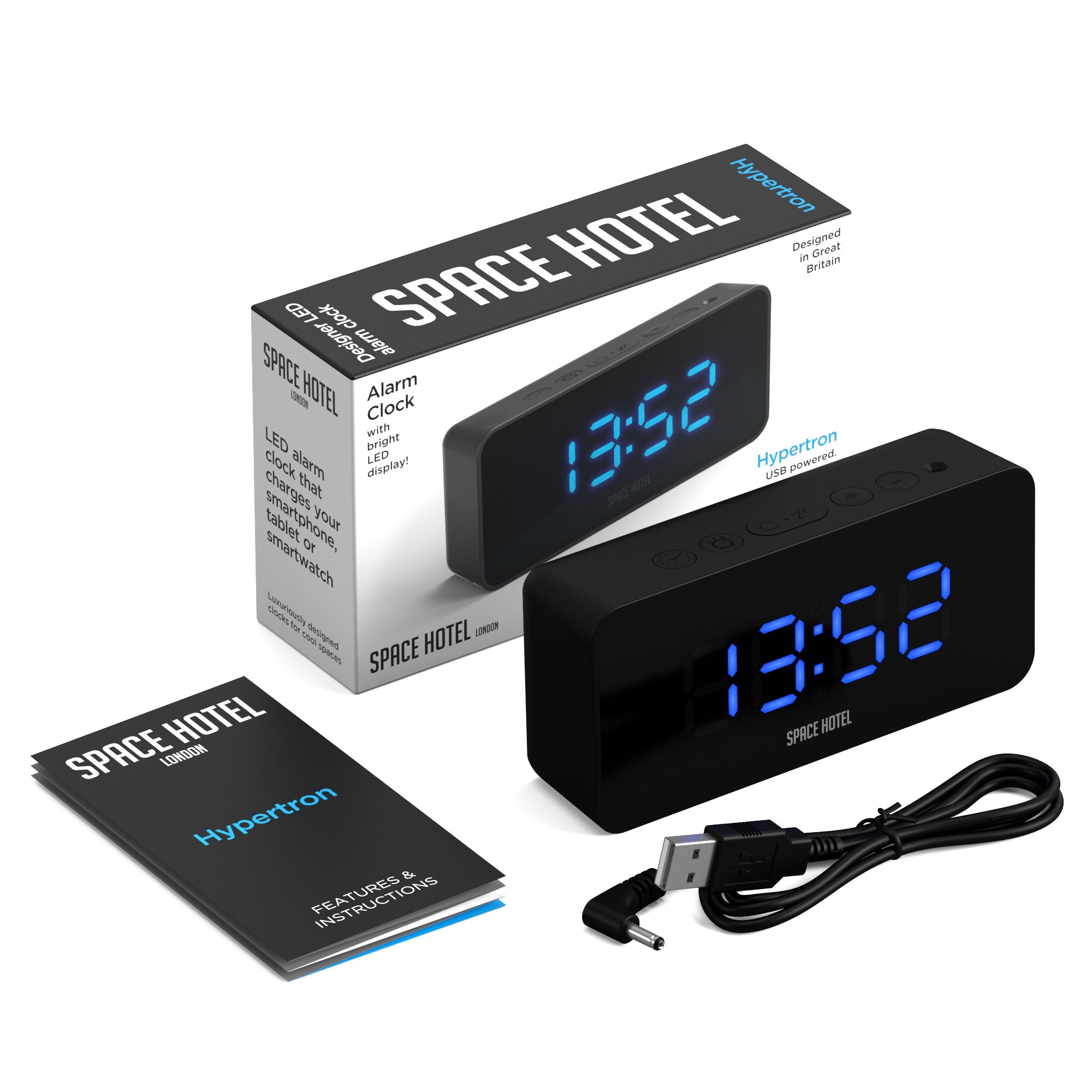 Newgate Space Hotel Hypertron Alarm Clock Black Case - Black Lens - Blue Led V398-NGSH-HYPE-BL1-K