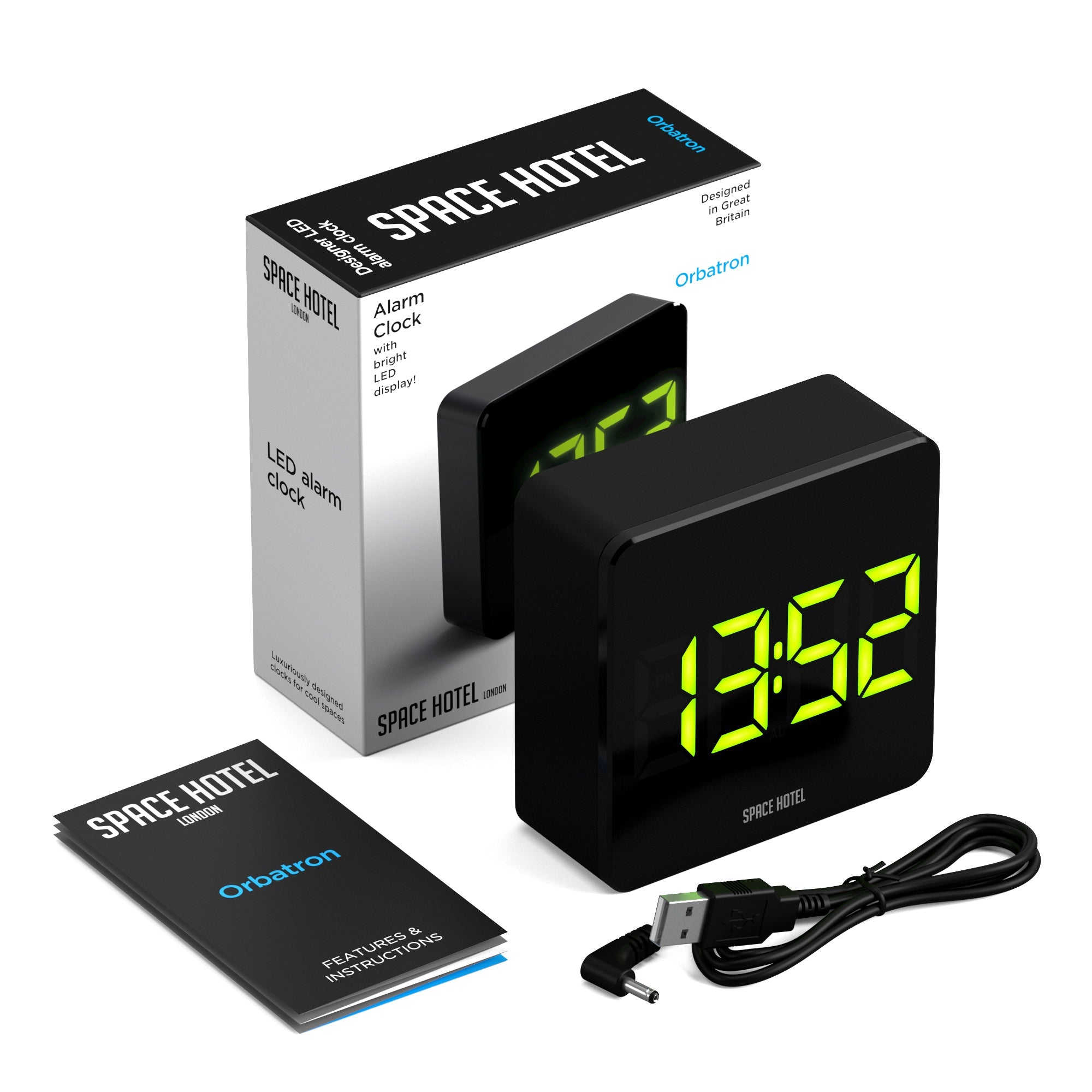 Newgate Space Hotel Orbatron Alarm Clock Black Case - Black Lens - Green Led V398-NGSH-ORB-G1-K