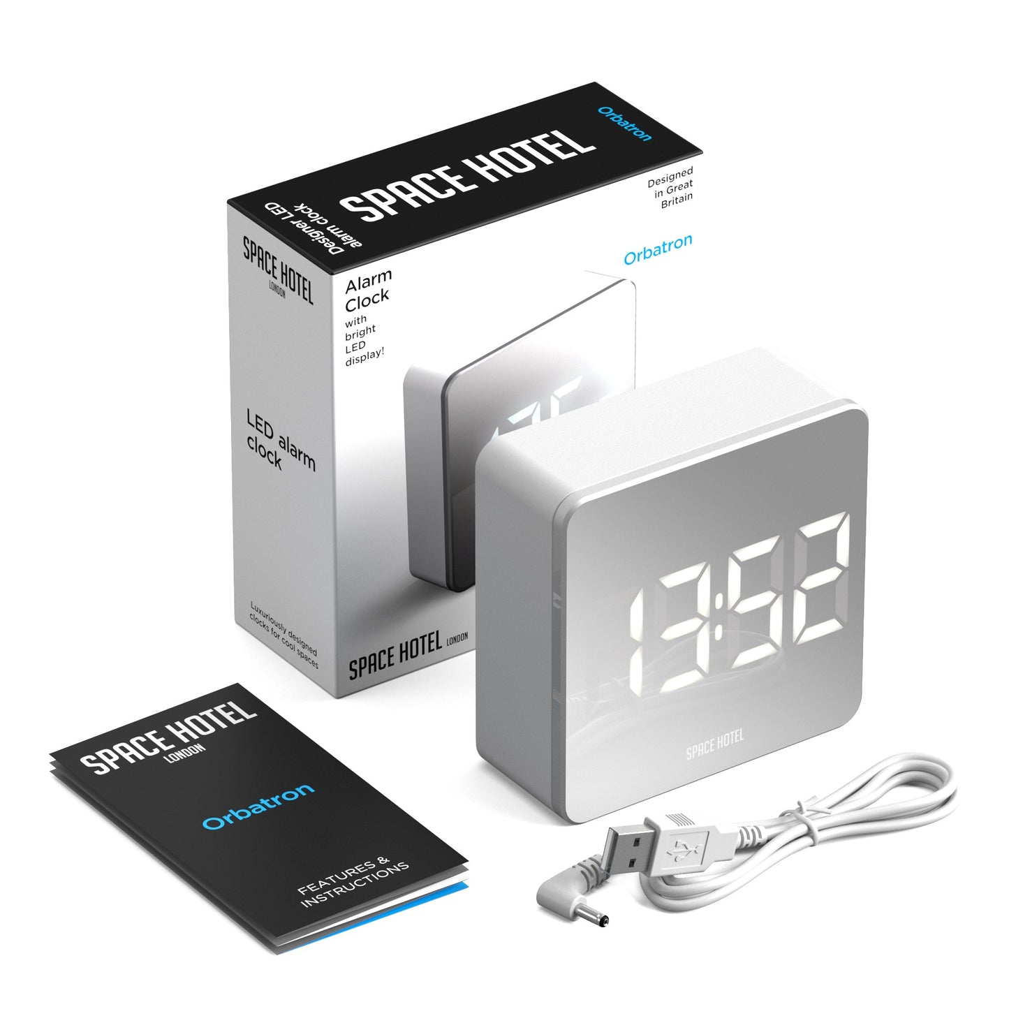 Newgate Space Hotel Orbatron Alarm Clock White Case - Silver Lens - White Led V398-NGSH-ORB-W1-W