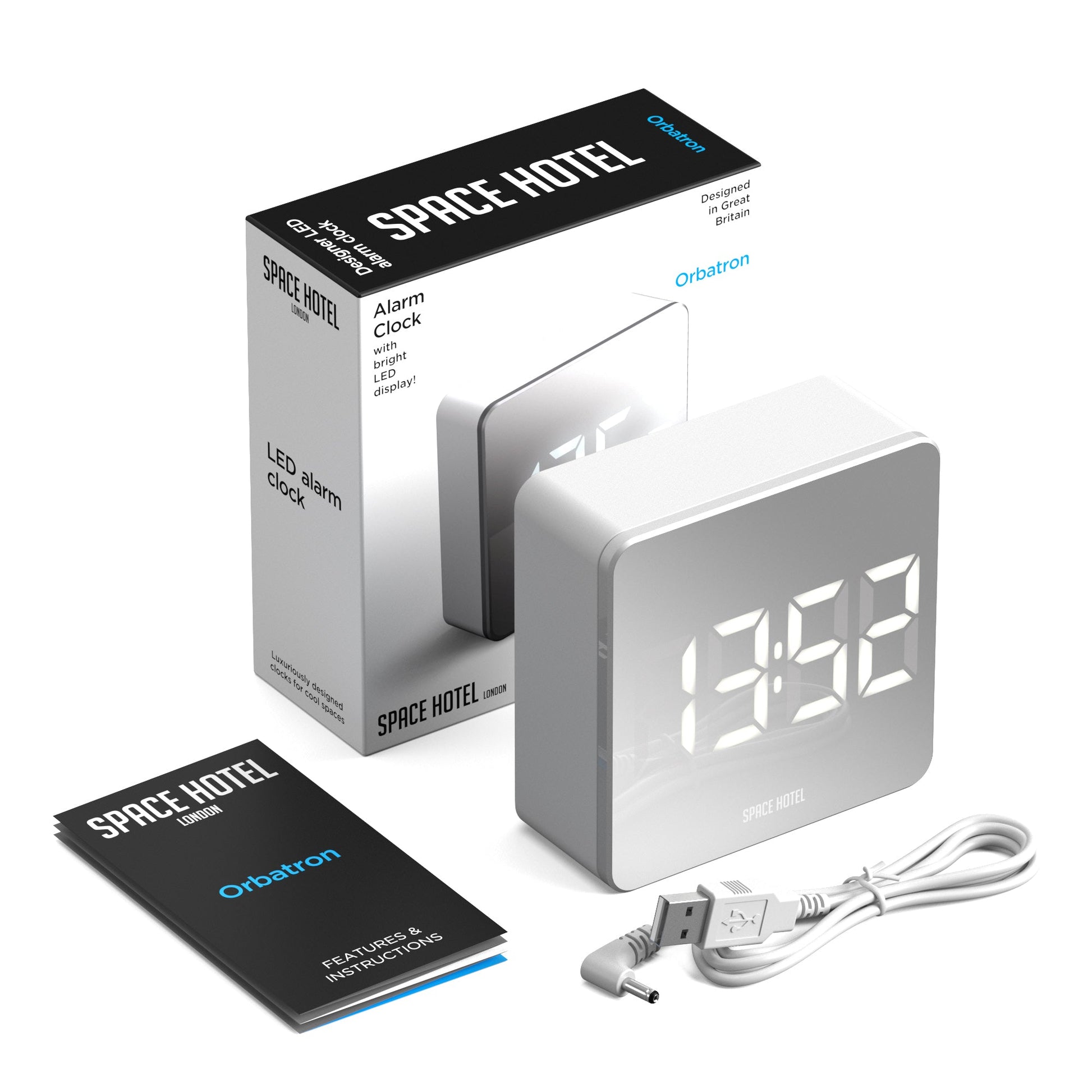 Newgate Space Hotel Orbatron Alarm Clock White Case - Silver Lens - White Led V398-NGSH-ORB-W1-W