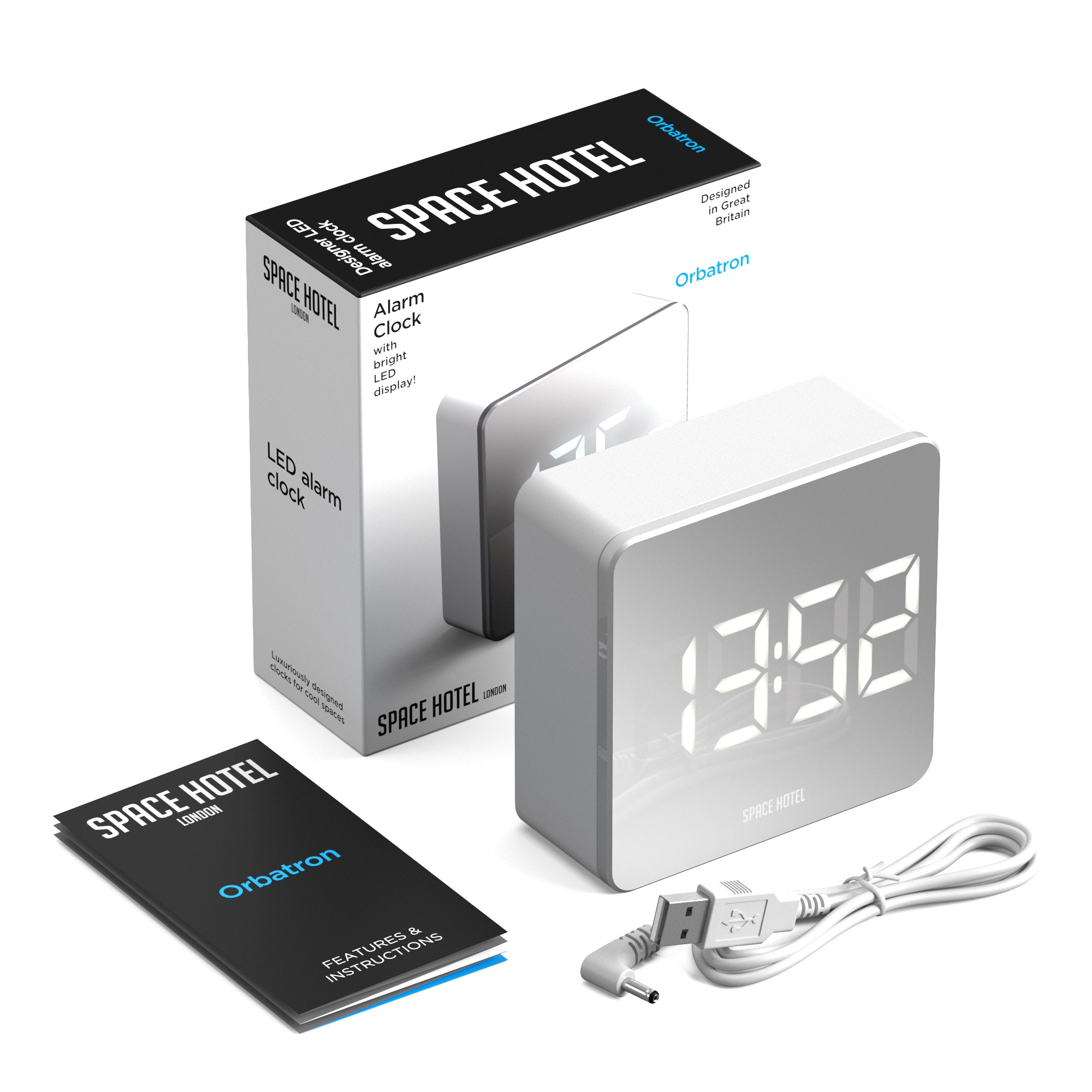 Newgate Space Hotel Orbatron Alarm Clock White Case - Silver Lens - White Led V398-NGSH-ORB-W1-W