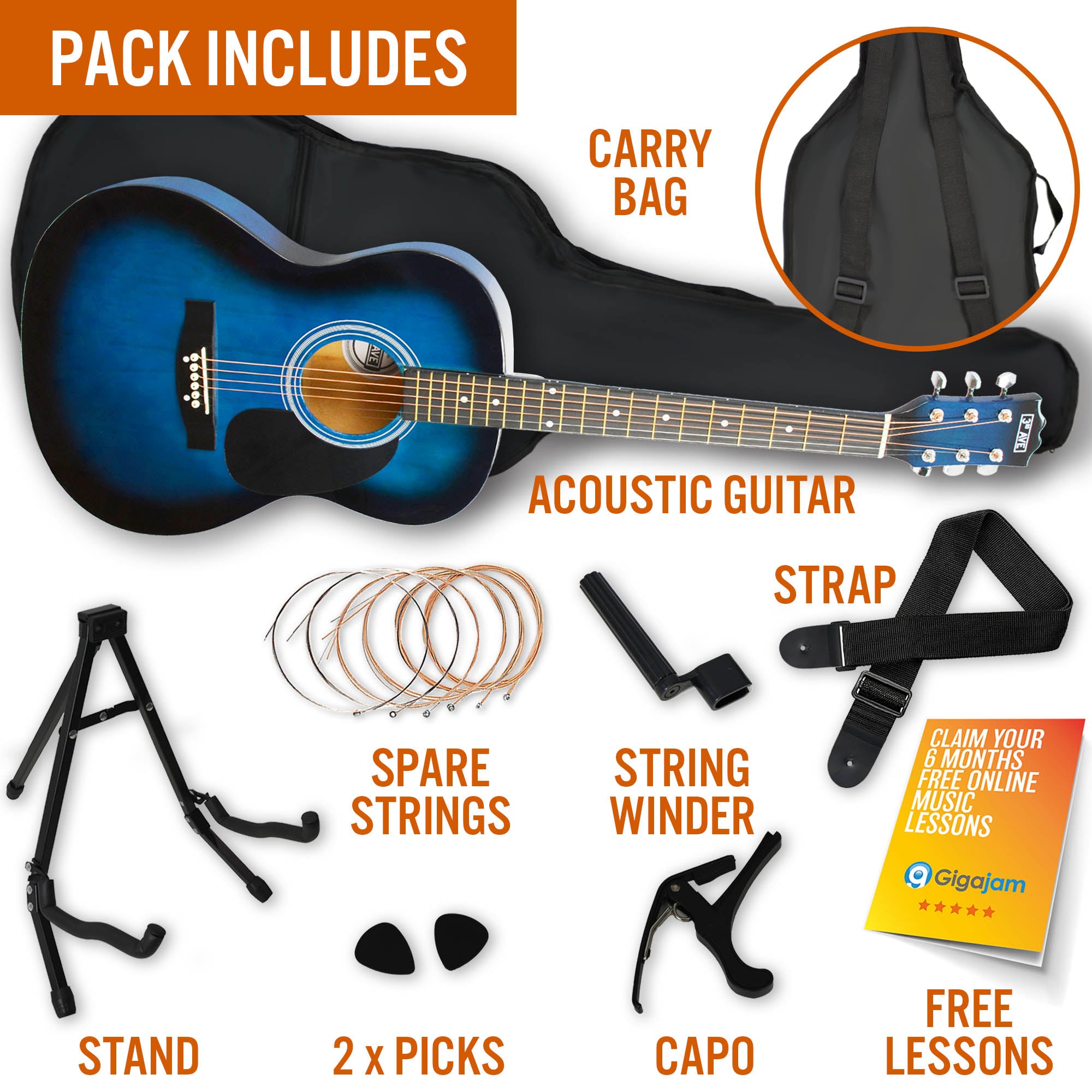 3rd Avenue Acoustic Guitar Premium Pack - Blueburst V398-NM-STX10ABBPK2