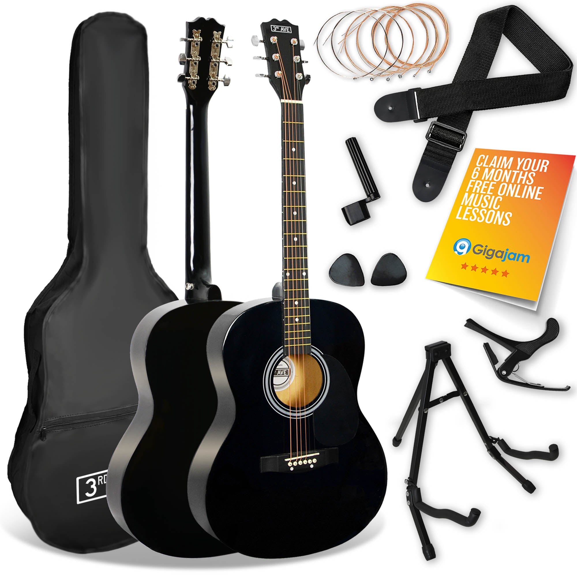 3rd Avenue Acoustic Guitar Premium Pack - Black V398-NM-STX10ABKPK2
