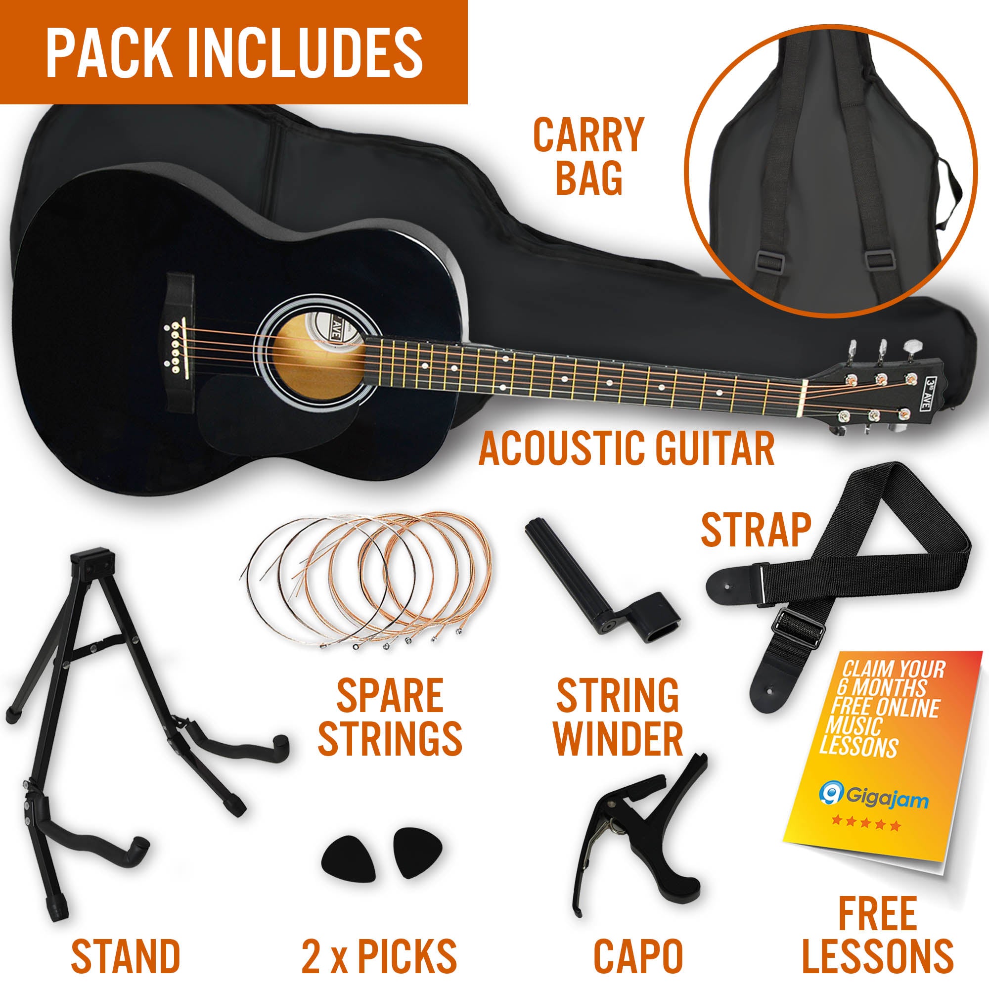 3rd Avenue Acoustic Guitar Premium Pack - Black V398-NM-STX10ABKPK2