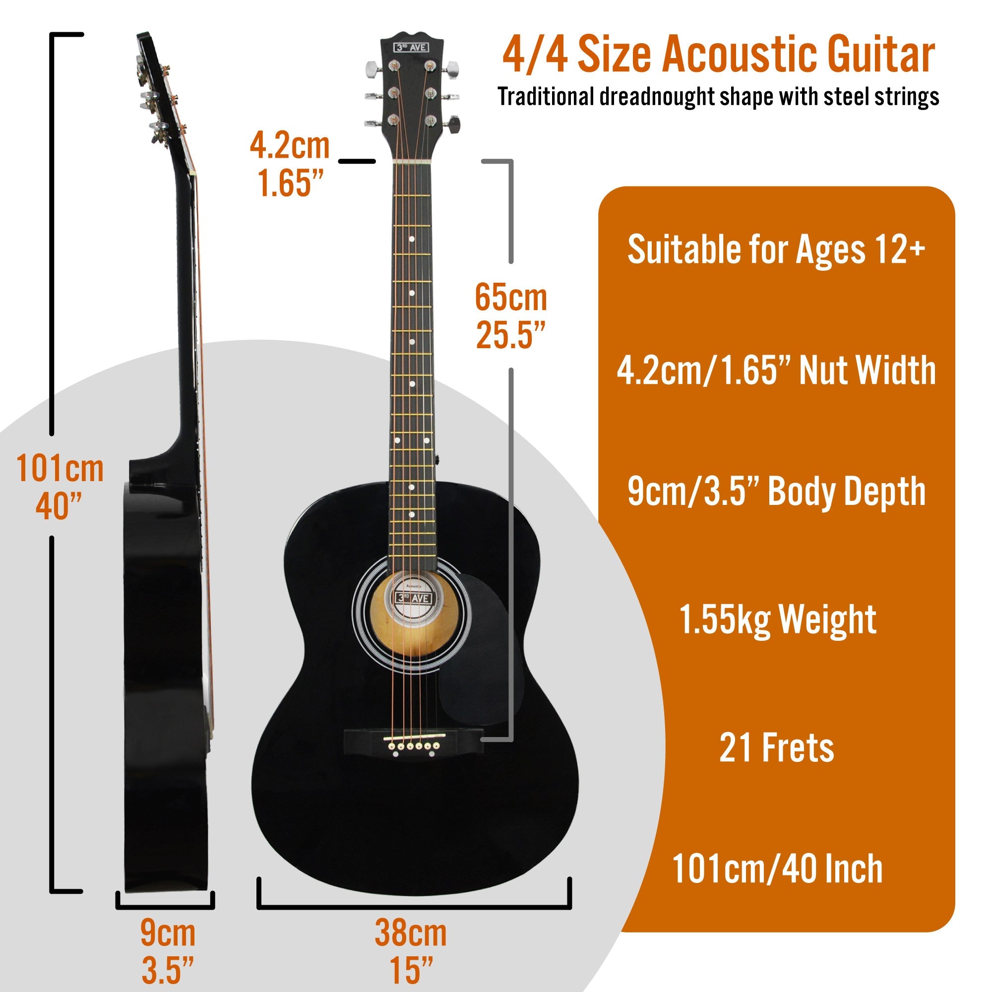 3rd Avenue Acoustic Guitar Premium Pack - Black V398-NM-STX10ABKPK2