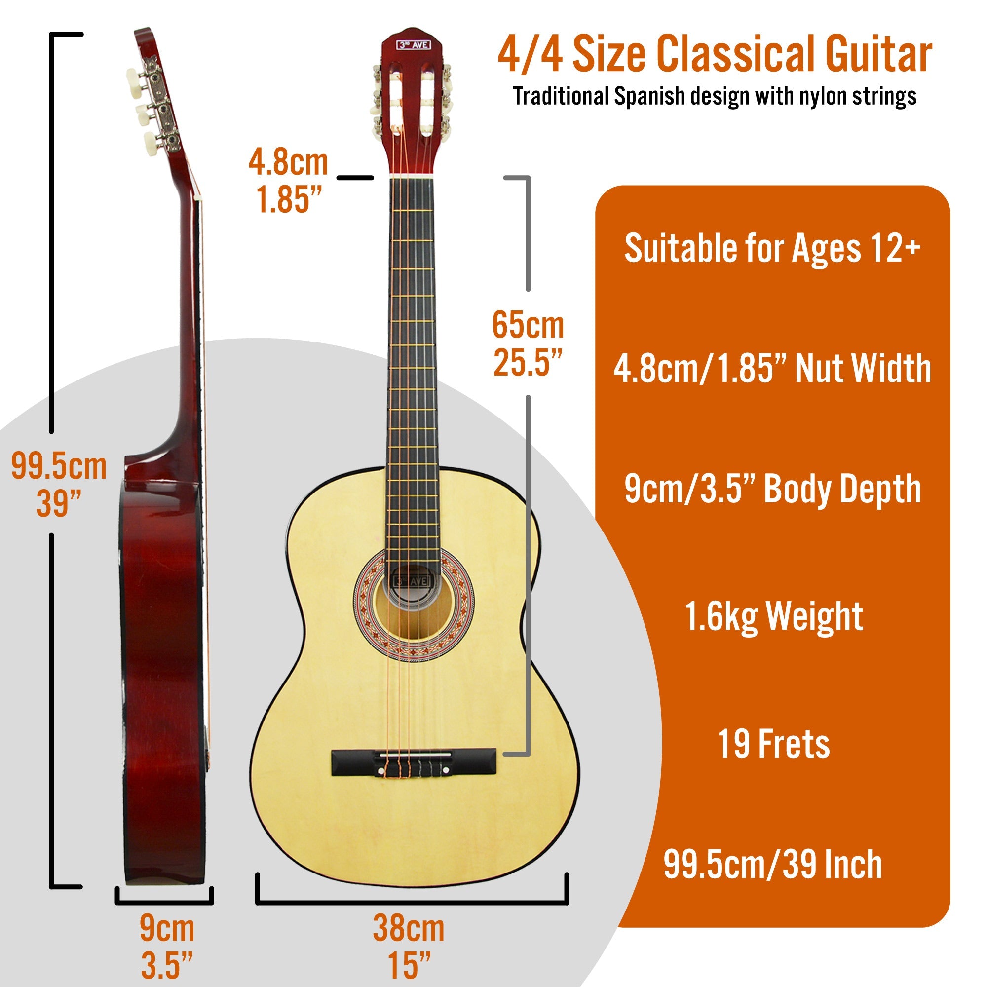 3rd Avenue Full Size Classical Guitar Pack - Natural V398-NM-STX20ANPK