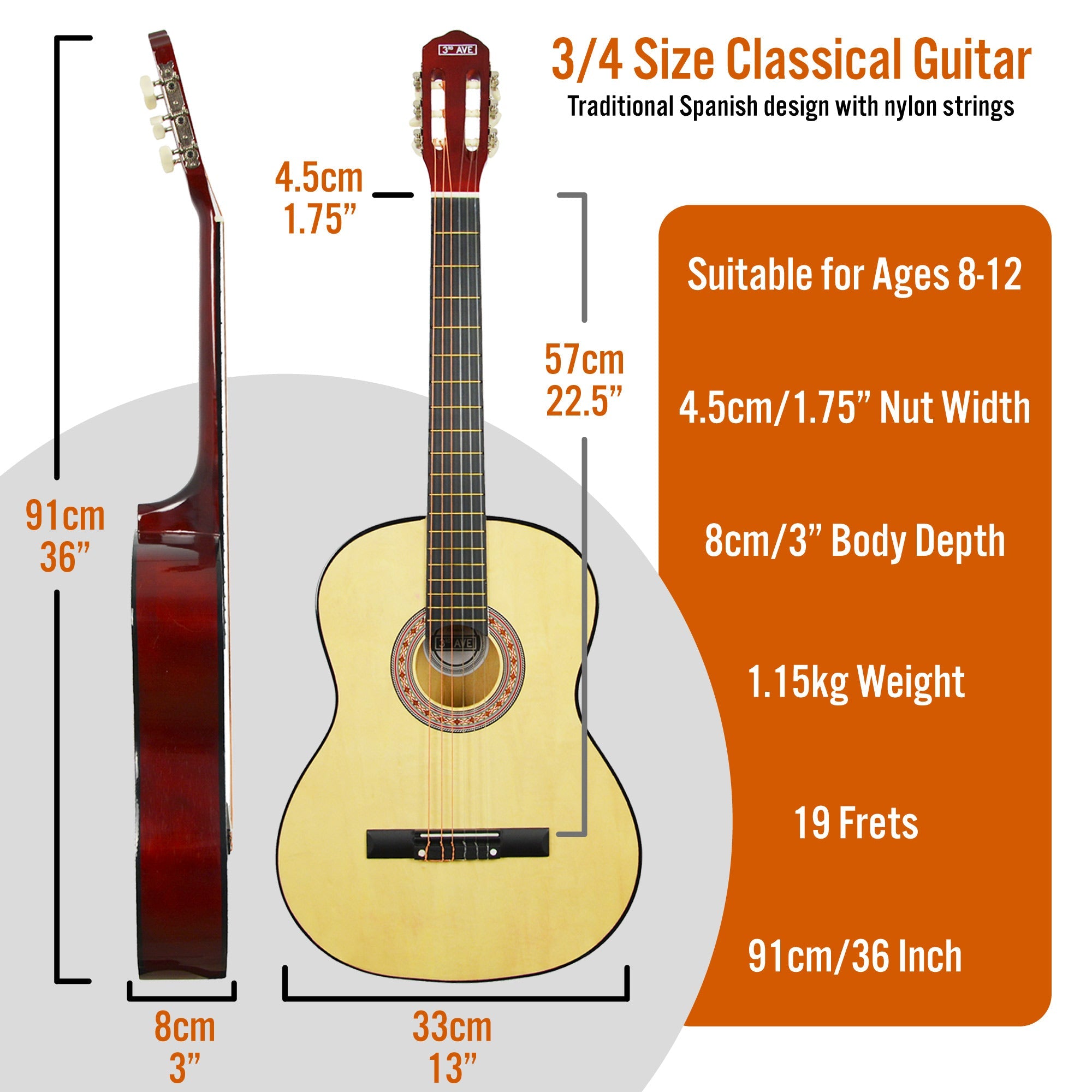 3rd Avenue 3/4 Size Classical Guitar Pack - Natural V398-NM-STX20CNPK