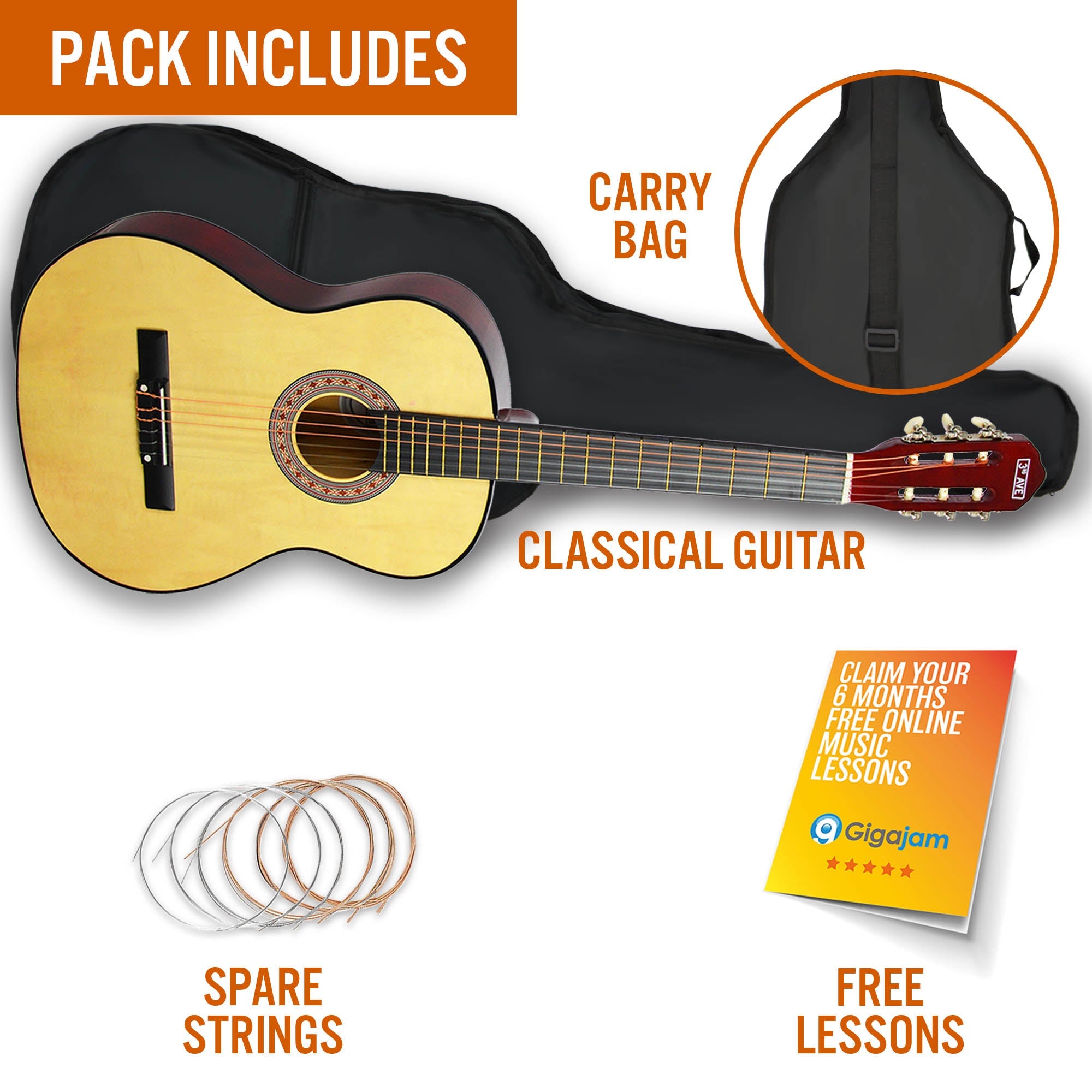 3rd Avenue 3/4 Size Classical Guitar Pack - Natural V398-NM-STX20CNPK