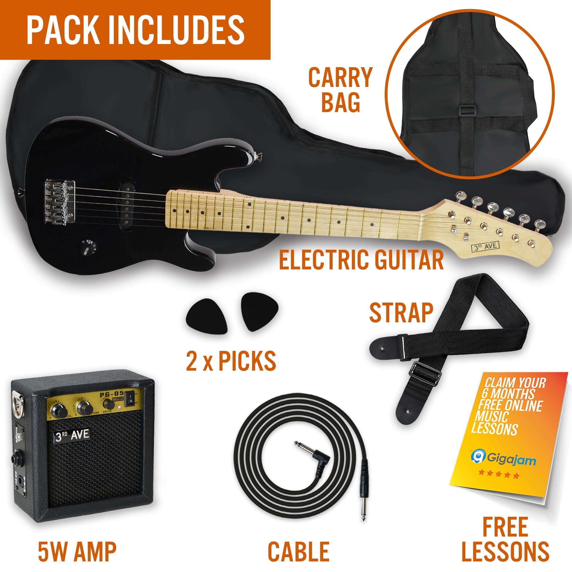 3rd Avenue Junior Electric Guitar Pack - Black V398-NM-STX30BKPK