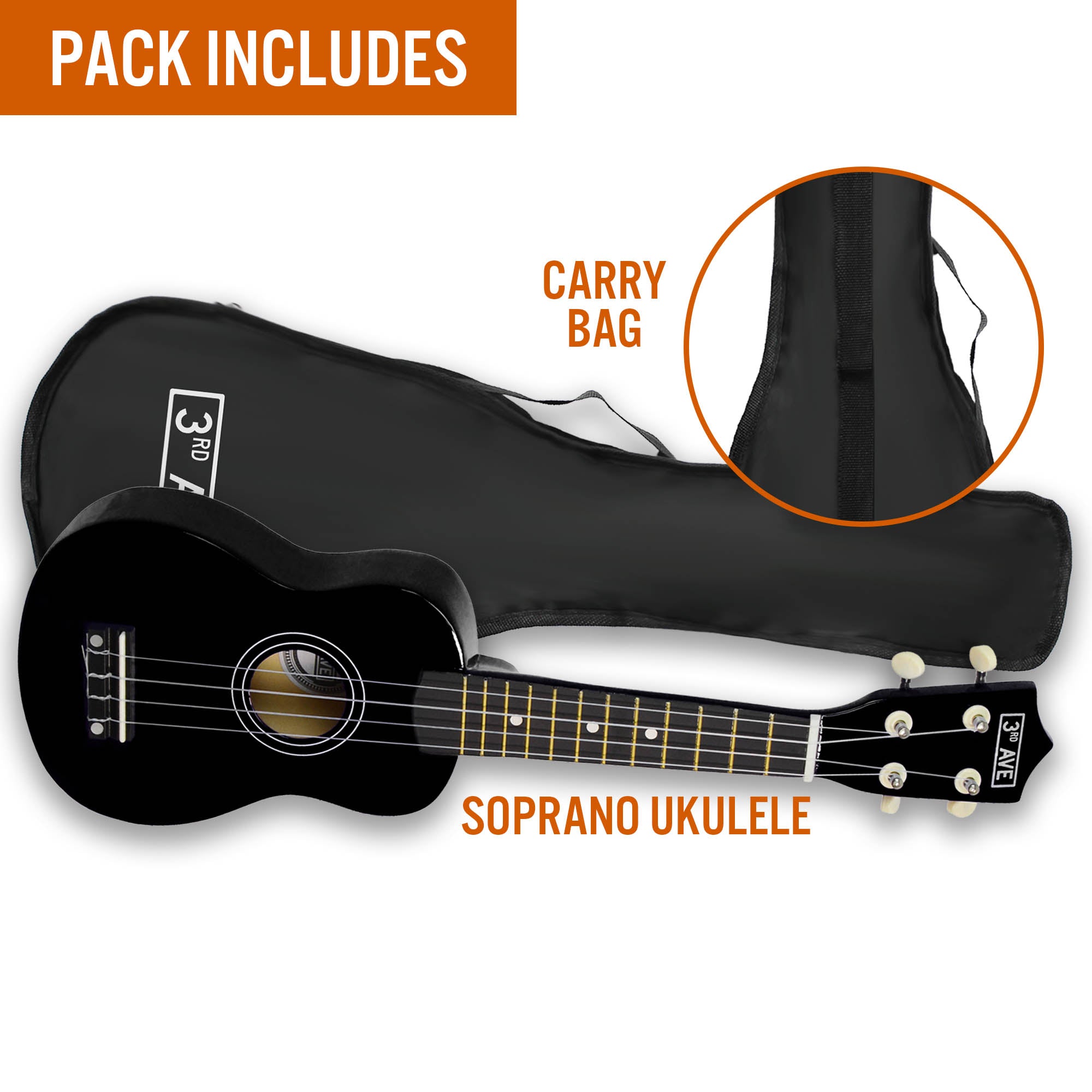 3rd Avenue Soprano Ukulele - Black V398-NM-STX40BK