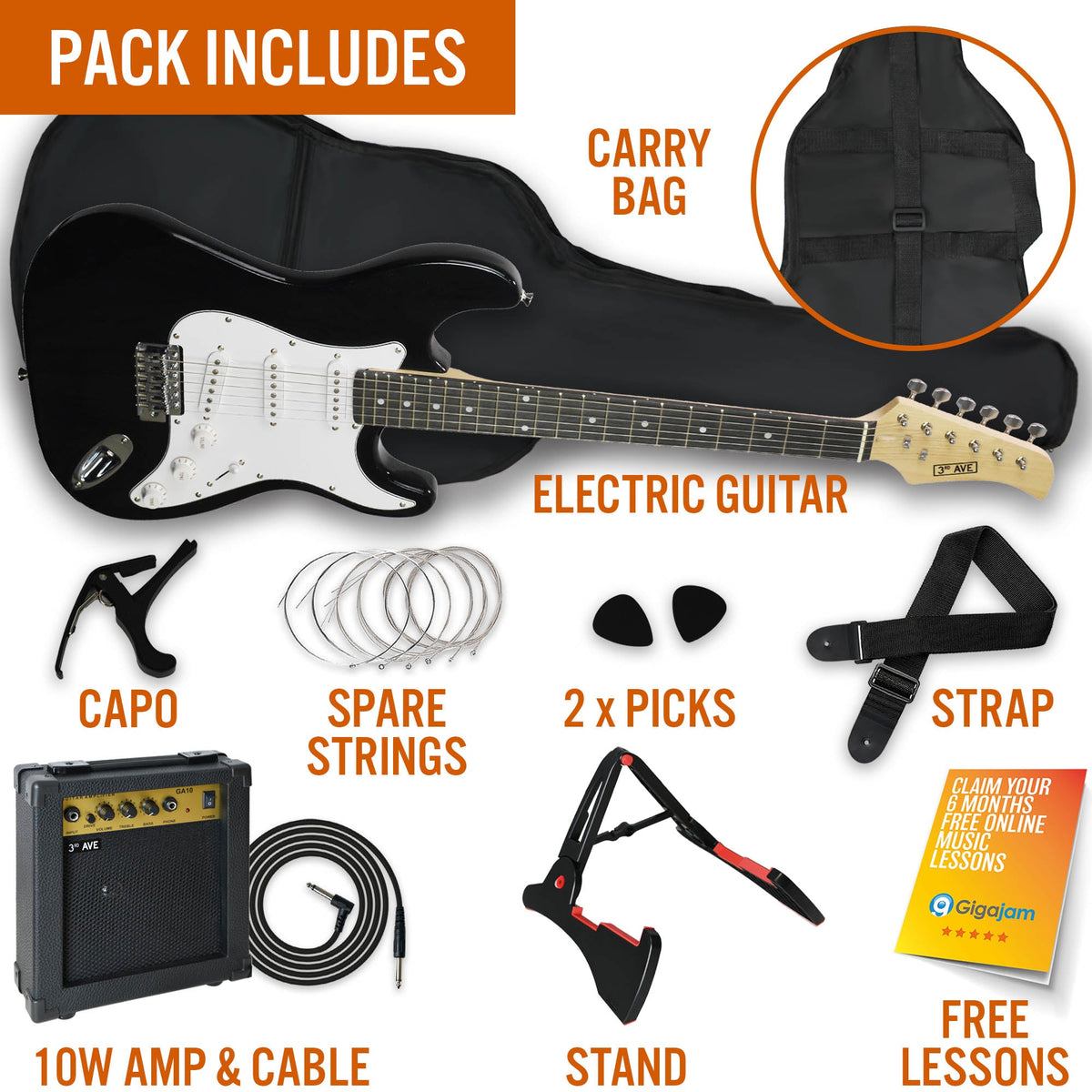 3rd Avenue Electric Guitar Pack - Black V398-NM-XF203ABKPK