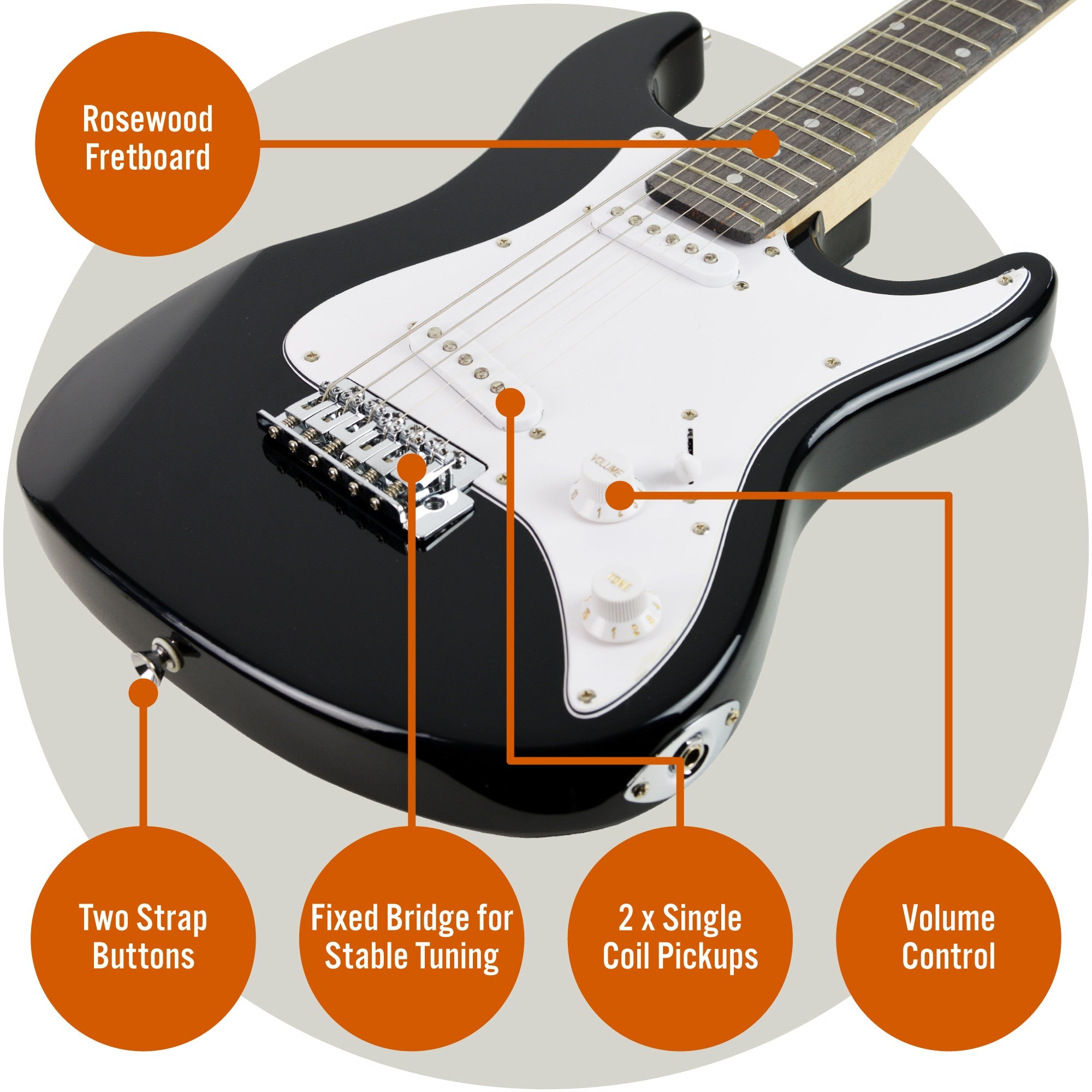 3rd Avenue 3/4 Size Electric Guitar Pack - Black V398-NM-XF203CBKPK