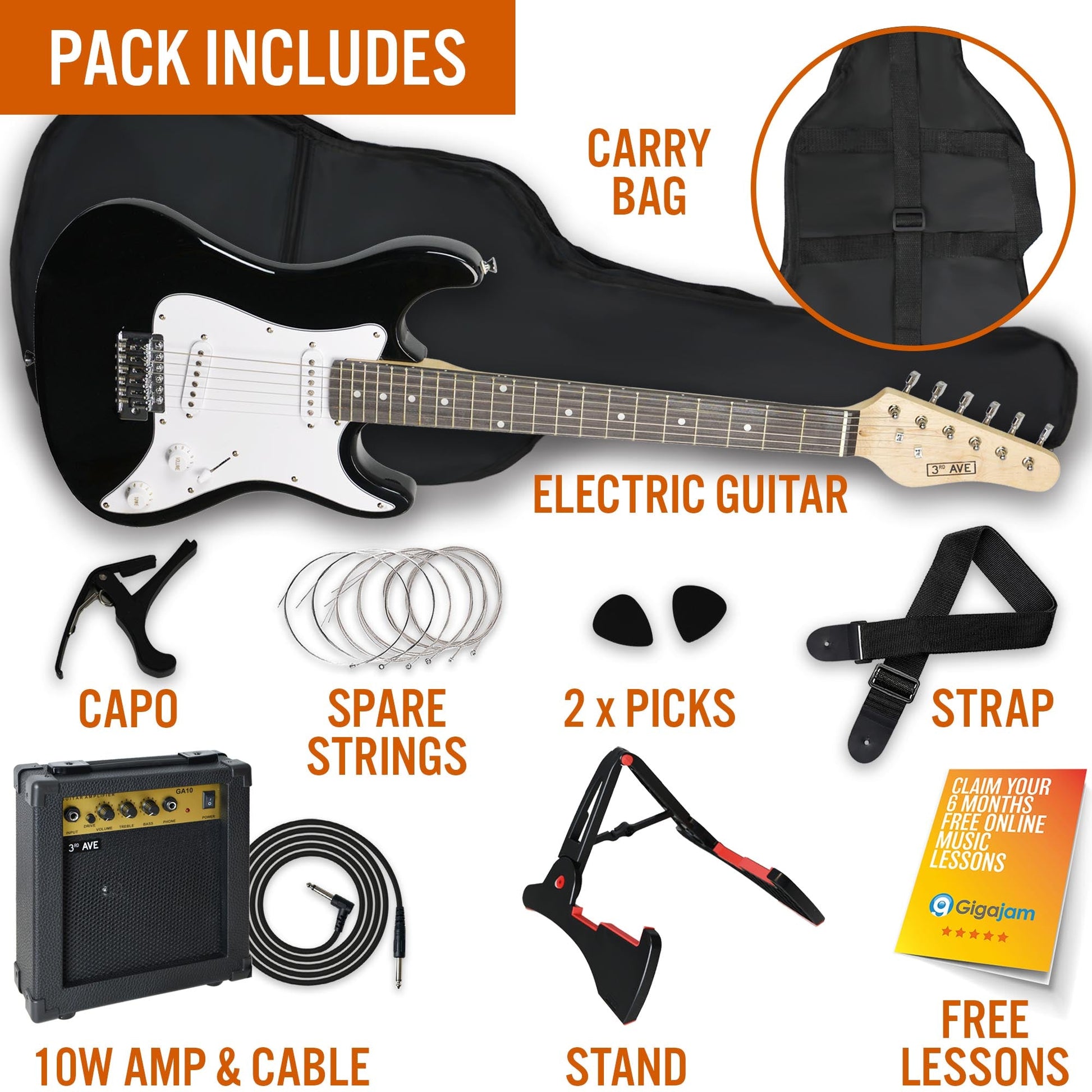 3rd Avenue 3/4 Size Electric Guitar Pack - Black V398-NM-XF203CBKPK