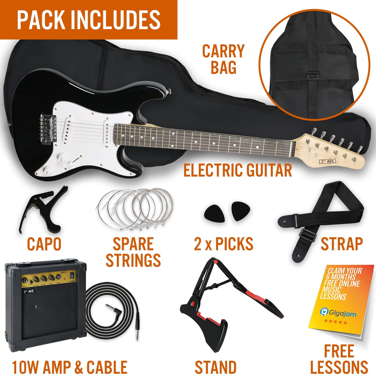 3rd Avenue 3/4 Size Electric Guitar Pack - Black V398-NM-XF203CBKPK