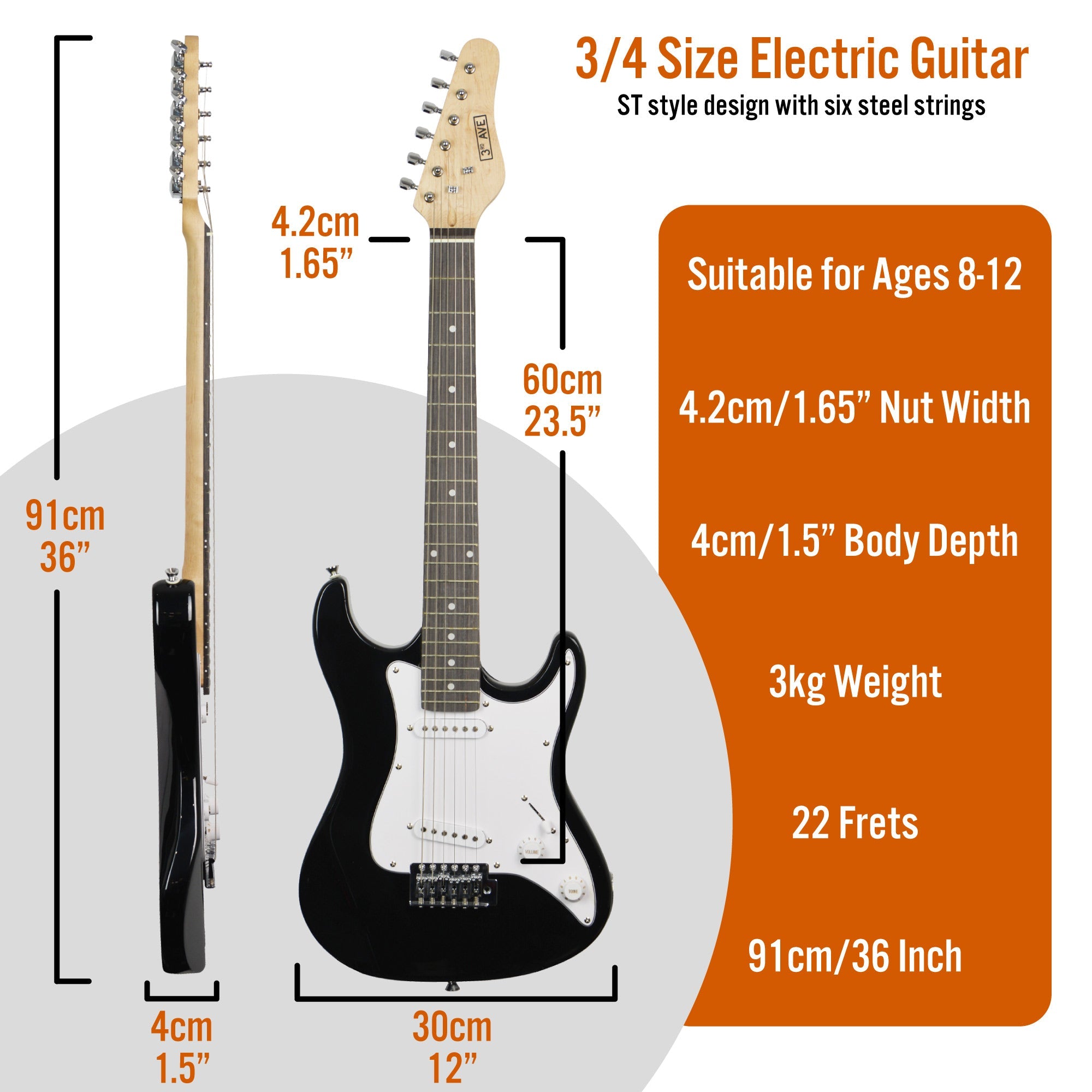3rd Avenue 3/4 Size Electric Guitar Pack - Black V398-NM-XF203CBKPK