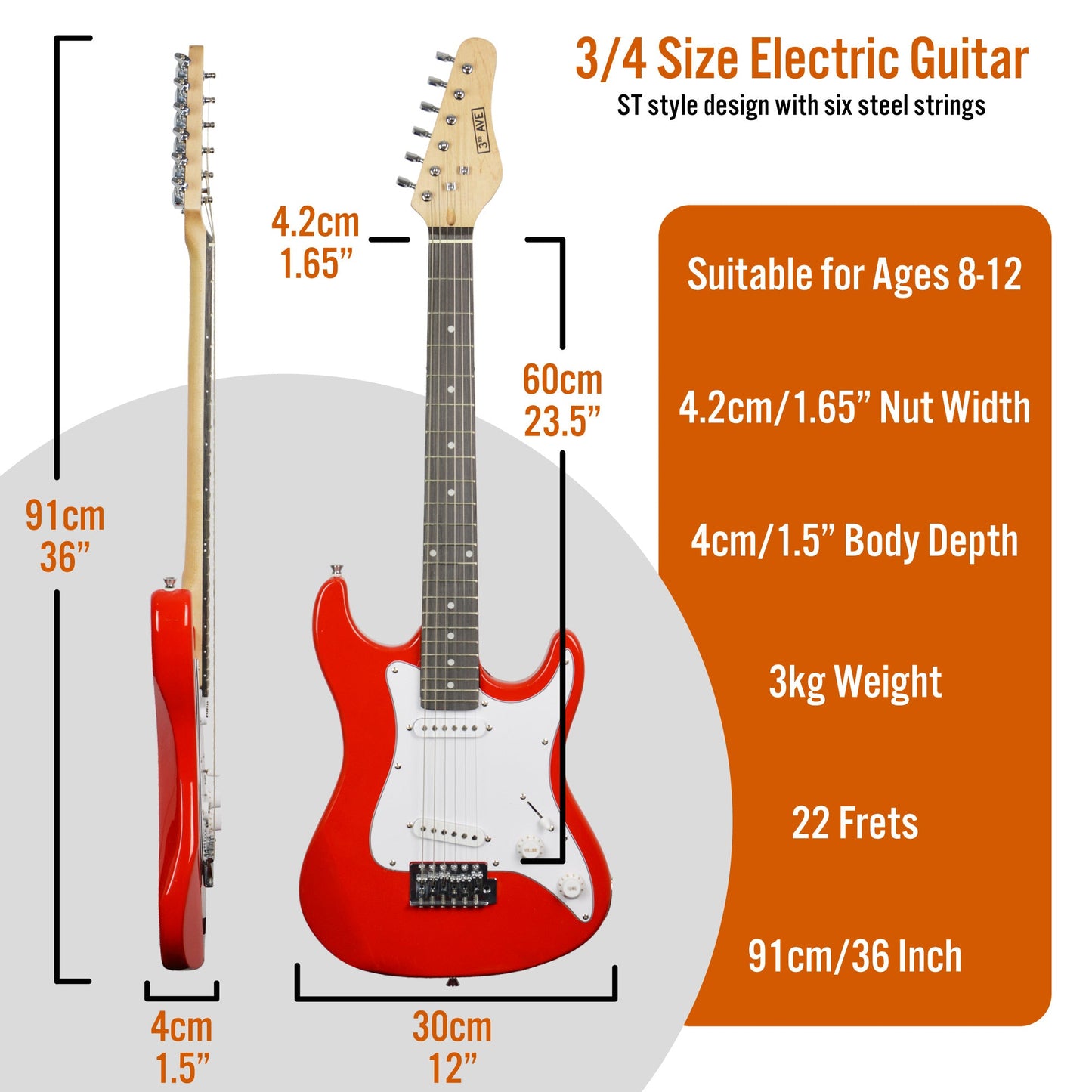 3rd Avenue 3/4 Size Electric Guitar - Red V398-NM-XF203CRDPK