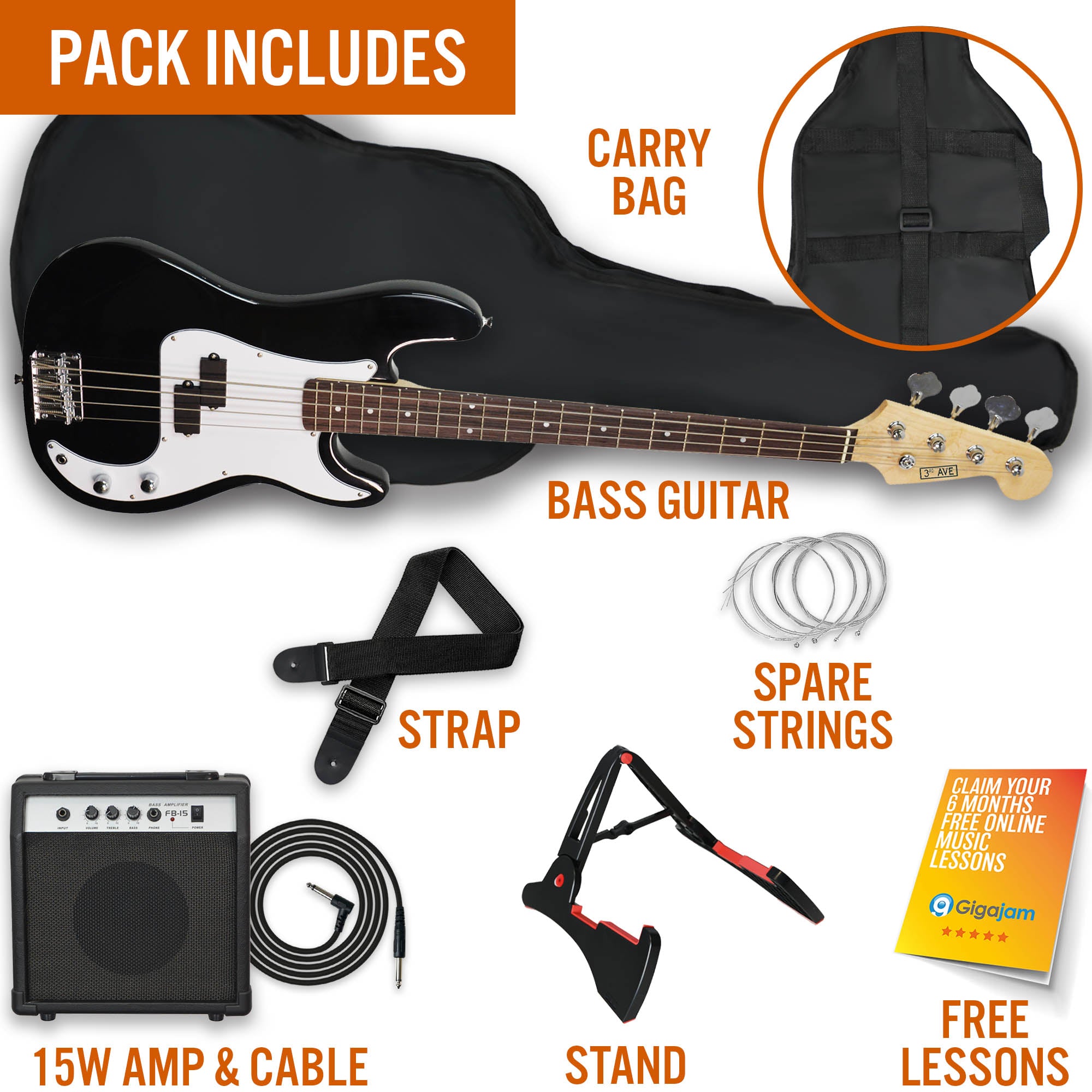 3rd Avenue Bass Guitar Pack V398-NM-XF204ABKPK