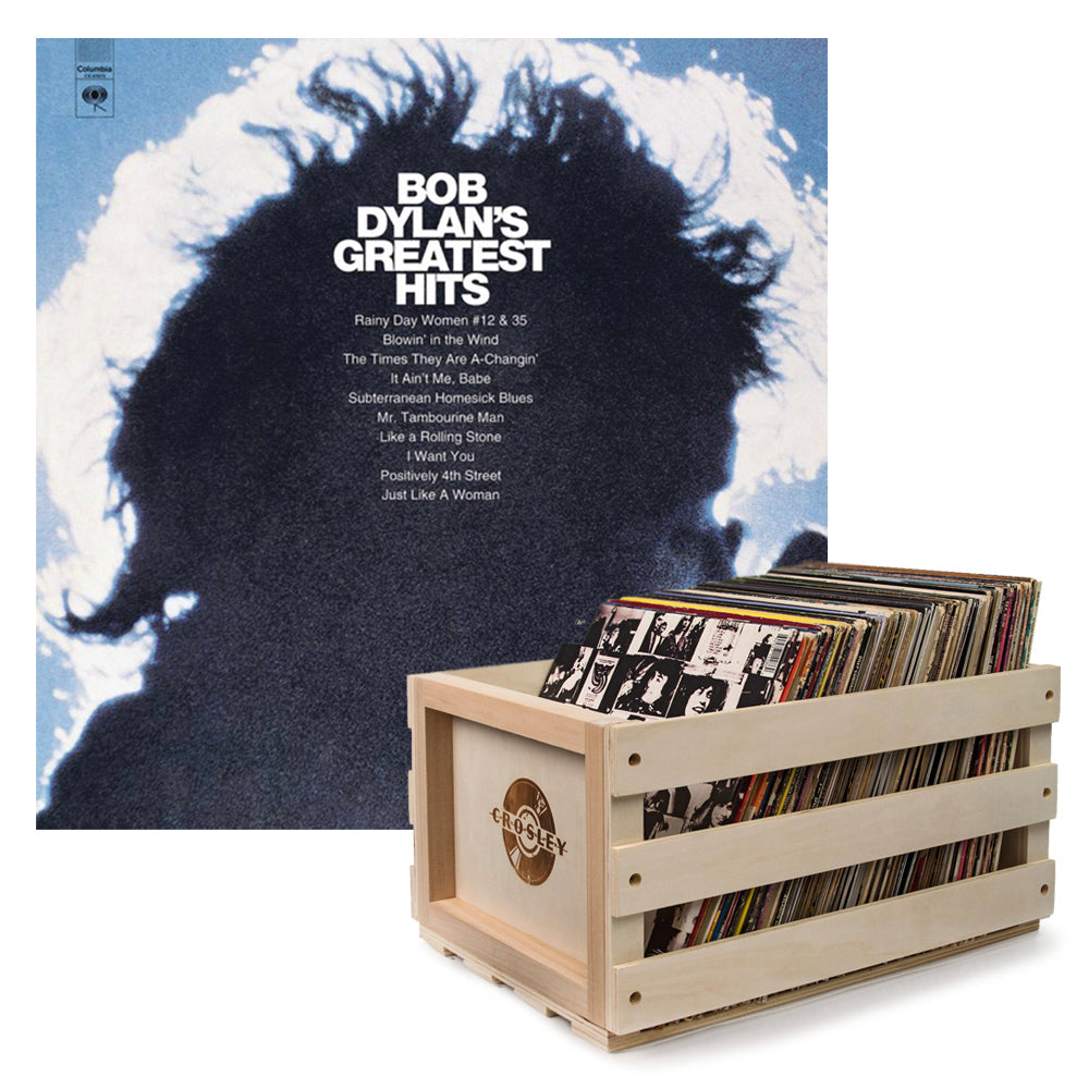 Crosley Record Storage Crate & Bob Dylan Greatest Hits Vinyl Album Bundle V398-SM-88985455611-B
