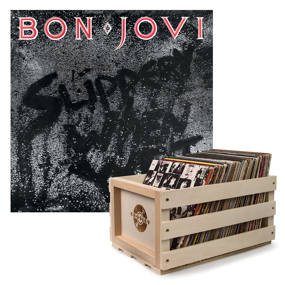 Crosley Record Storage Crate & Bon Jovi Slippery When Wet - Vinyl Album Bundle V398-UM-4702921-B