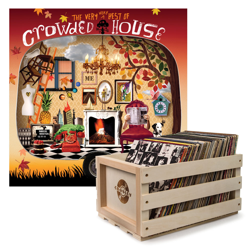 Crosley Record Storage Crate & Crowded House The Very Very Best Of Crowded House - Double Vinyl Album Bundle V398-UM-5784758-B