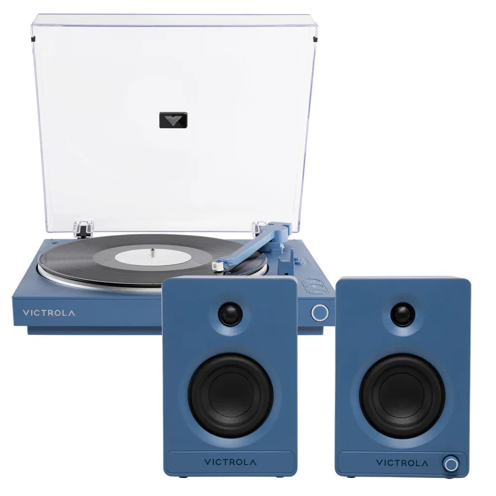 Victrola Automatic Turntable + Victrola Tempo Bookshelf Speakers Bundle - Blue V398-VPT-800-BLU-BUN
