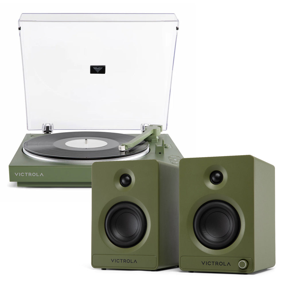 Victrola Automatic Turntable + Victrola Tempo Bookshelf Speakers Bundle - Green V398-VPT-800-GRN-BUN