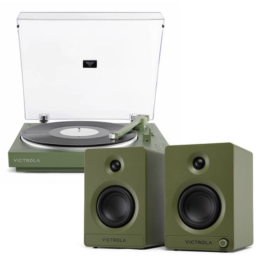 Victrola Automatic Turntable + Victrola Tempo Bookshelf Speakers Bundle - Green V398-VPT-800-GRN-BUN
