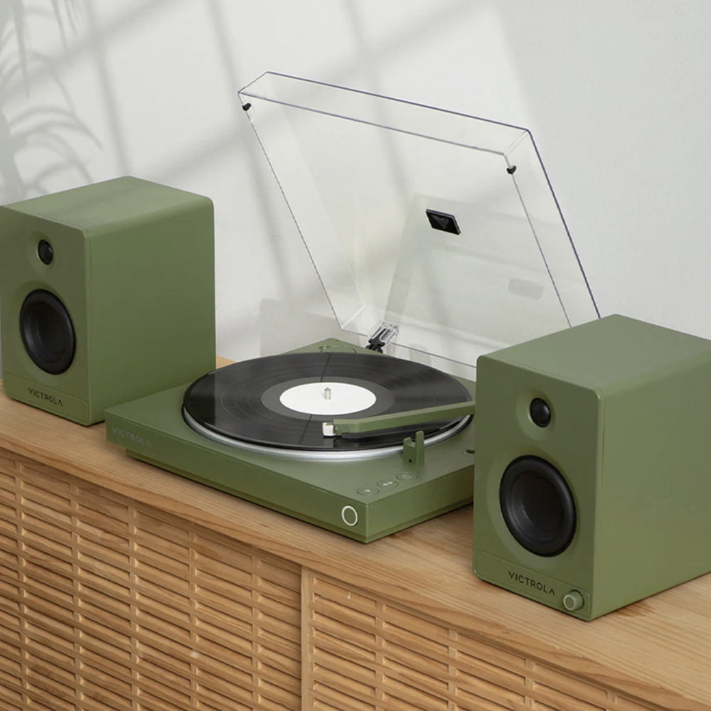 Victrola Automatic Turntable + Victrola Tempo Bookshelf Speakers Bundle - Green V398-VPT-800-GRN-BUN