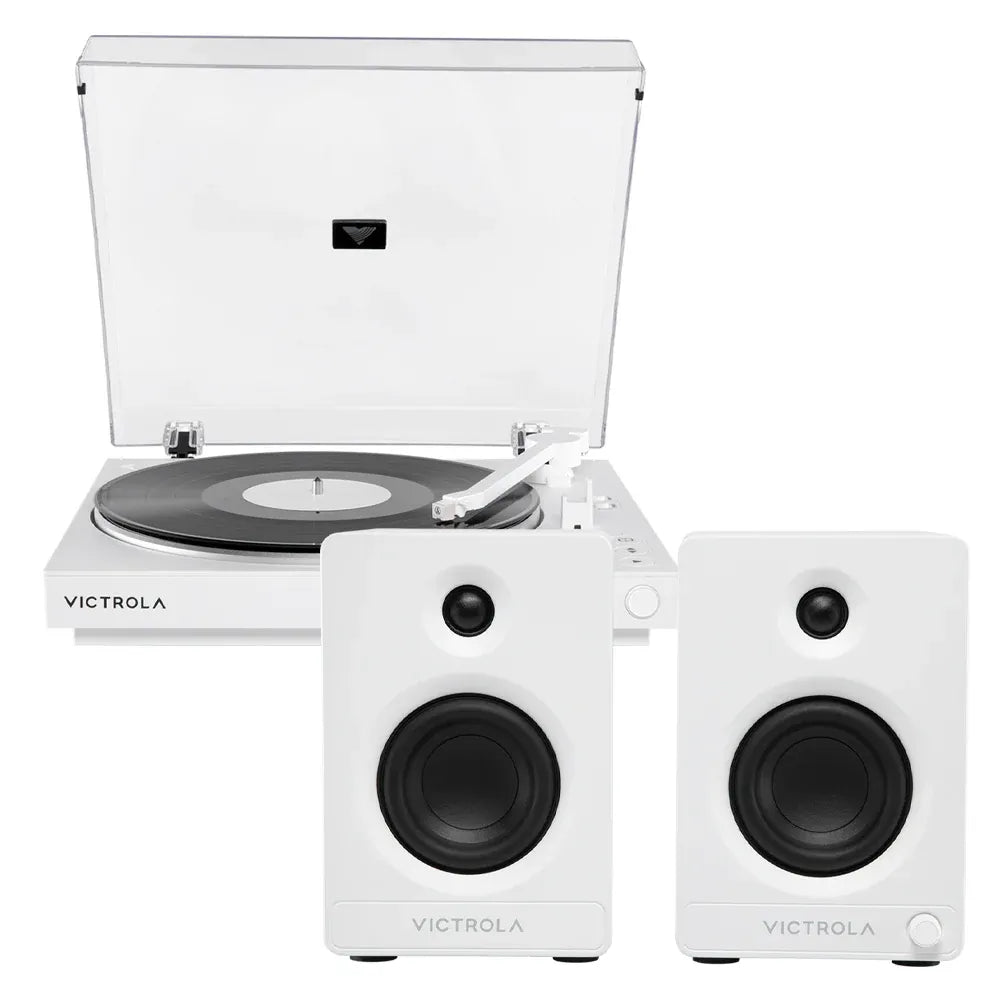 Victrola Automatic Turntable + Victrola Tempo Bookshelf Speakers Bundle - White V398-VPT-800-WHT-BUN