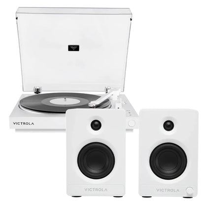Victrola Automatic Turntable + Victrola Tempo Bookshelf Speakers Bundle - White V398-VPT-800-WHT-BUN