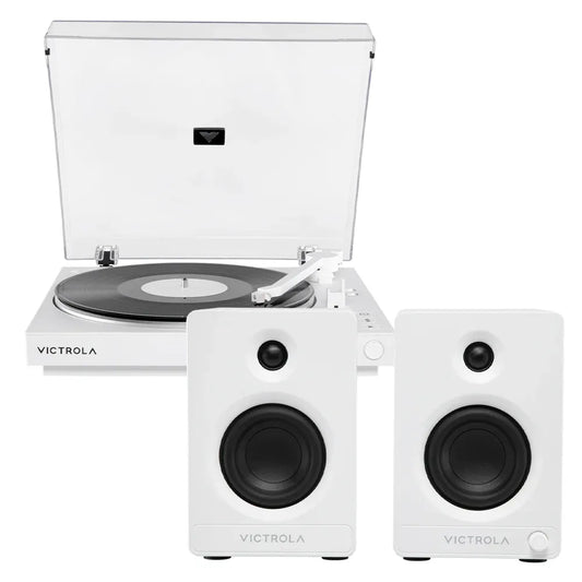 Victrola Automatic Turntable + Victrola Tempo Bookshelf Speakers Bundle - White V398-VPT-800-WHT-BUN