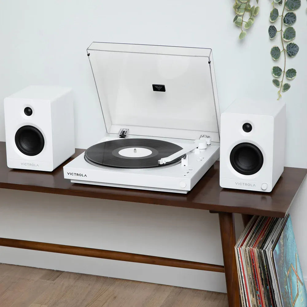 Victrola Automatic Turntable + Victrola Tempo Bookshelf Speakers Bundle - White V398-VPT-800-WHT-BUN