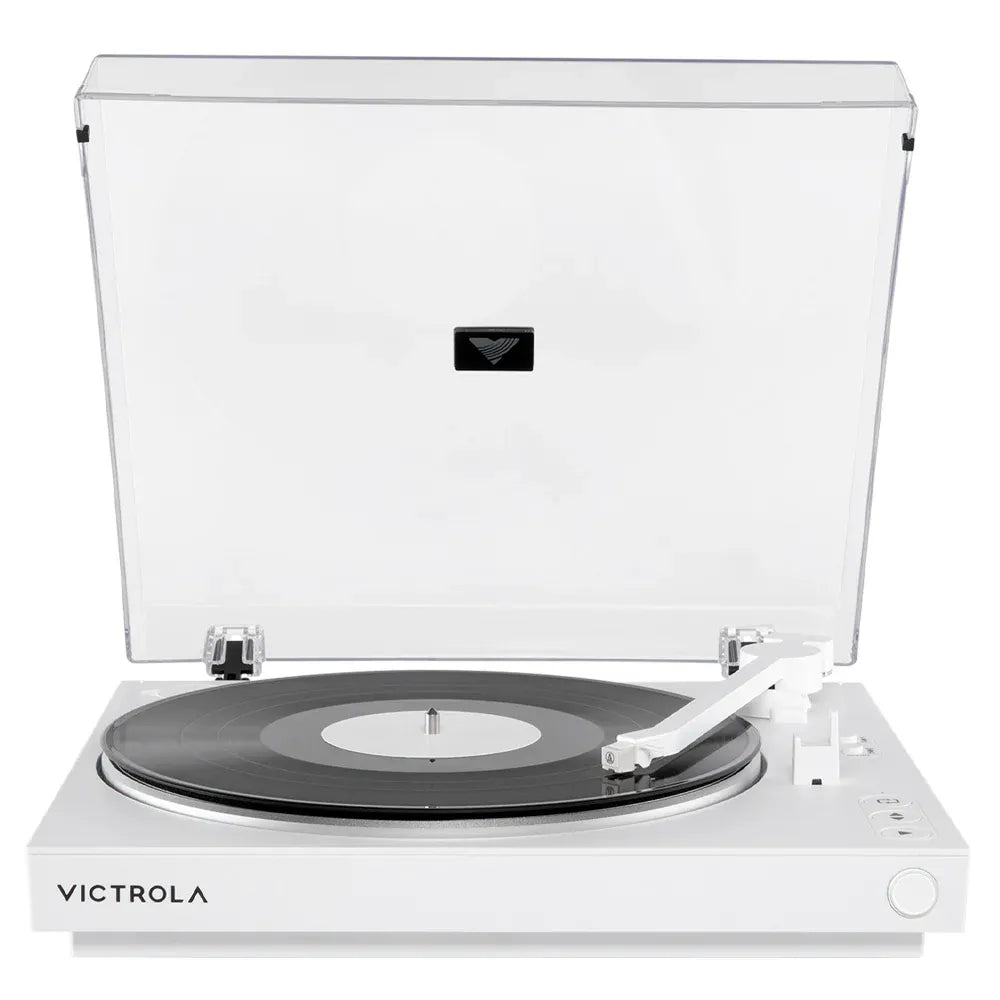 Victrola Automatic Turntable + Victrola Tempo Bookshelf Speakers Bundle - White V398-VPT-800-WHT-BUN