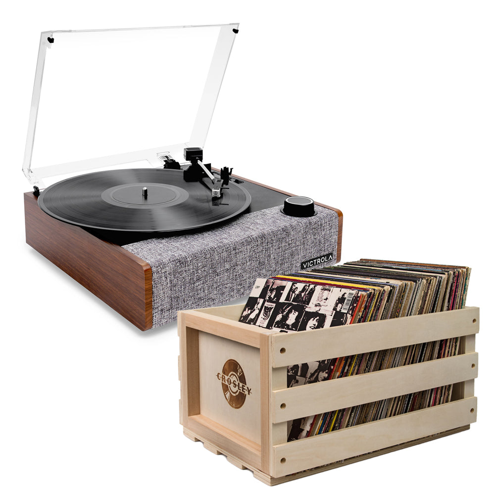 Victrola Eastwood II Turntable - Walnut + Bundled Record Storage Crate V398-VTA-74-WLN-BSC