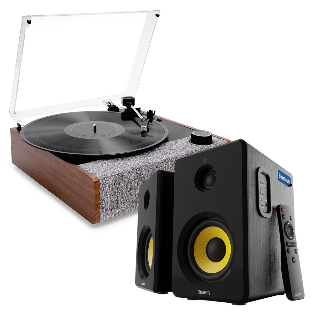 Victrola Eastwood II Turntable - Walnut + Bundled Majority D40X Bluetooth Speakers V398-VTA-74-WLN-MY